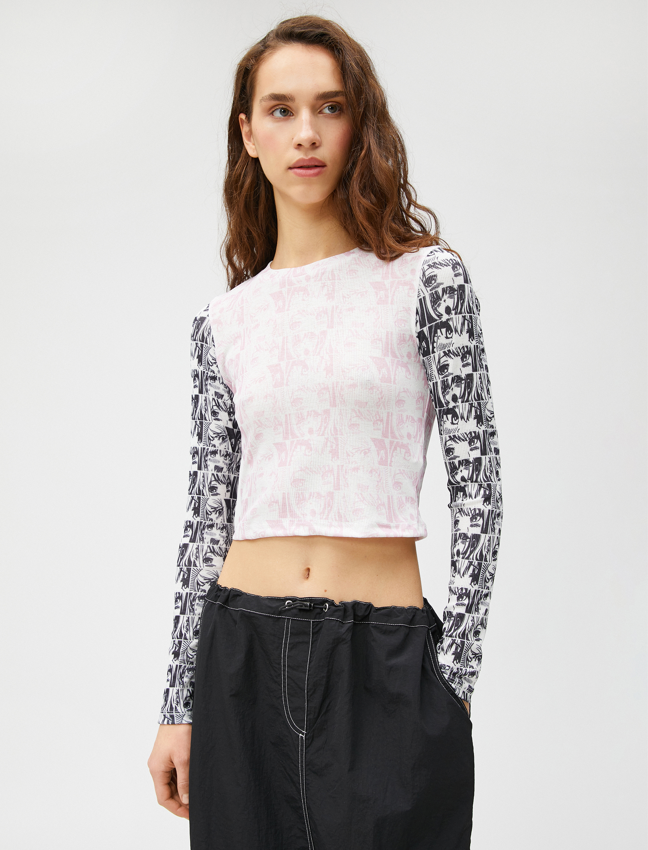   Anime Tişört Crop Uzun Kollu Bisiklet Yaka