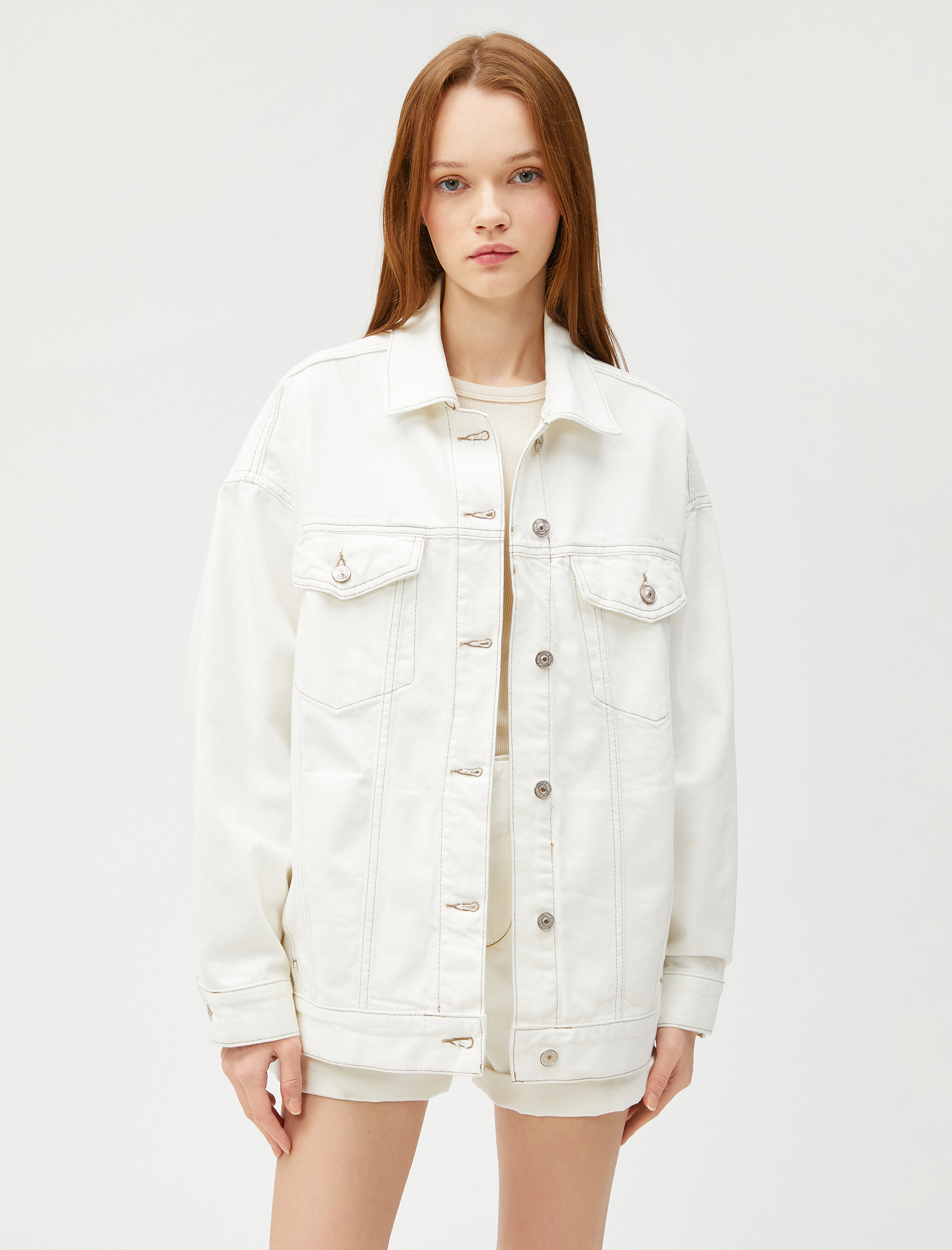   Oversize Kot Ceket Cep Detaylı Gömlek Yaka Pamuklu