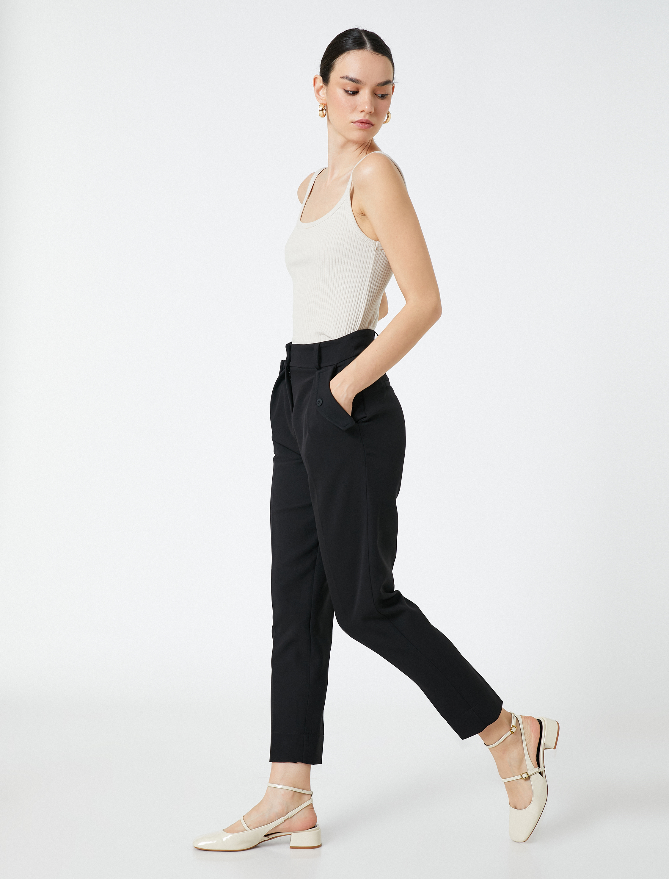   Crop Pantolon Cep Detaylı Dar Paça Yüksek Bel