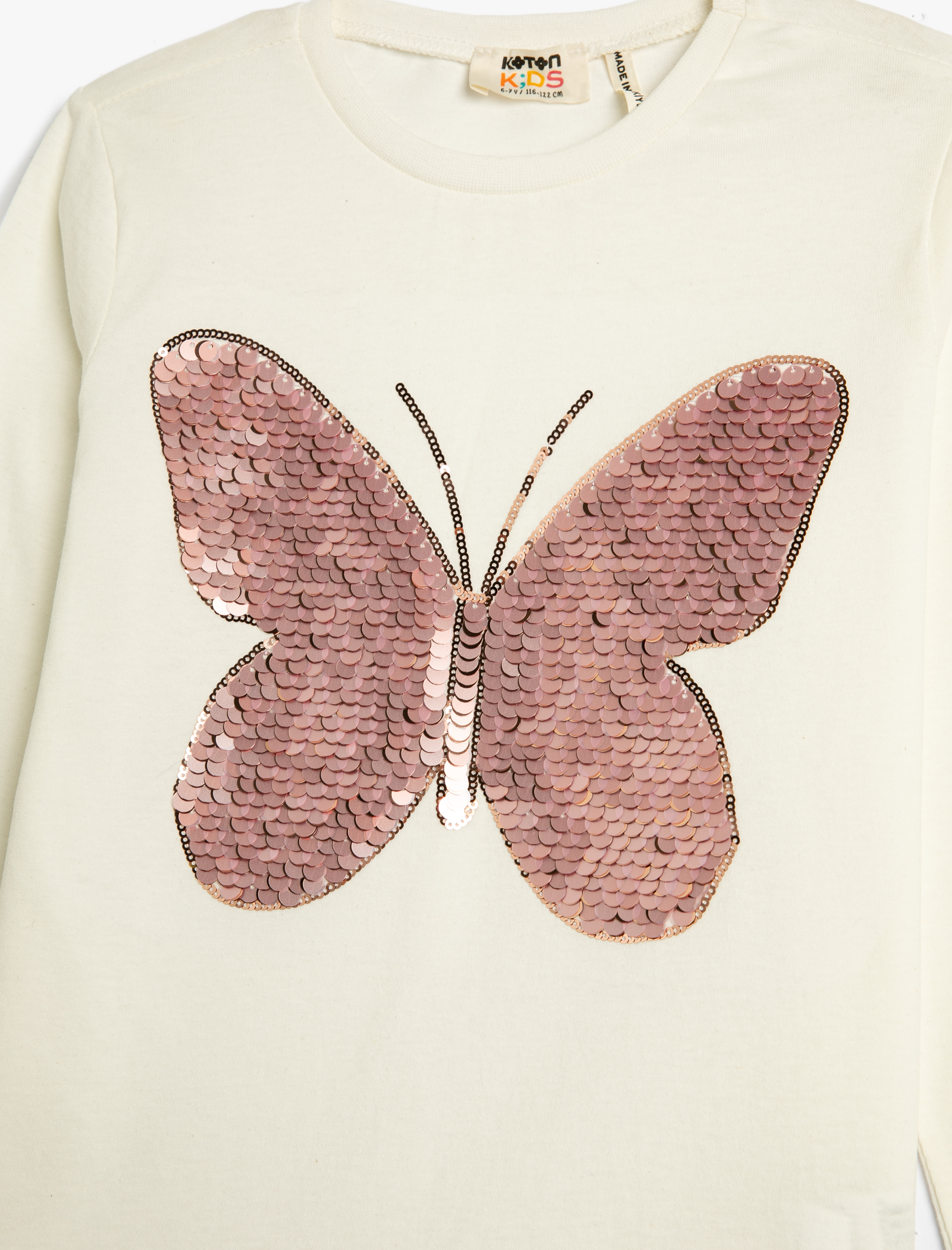  Kız Çocuk Uzun Kollu Tişört Kelebek Pul Payet İşlemeli Bisiklet Yaka Pamuklu