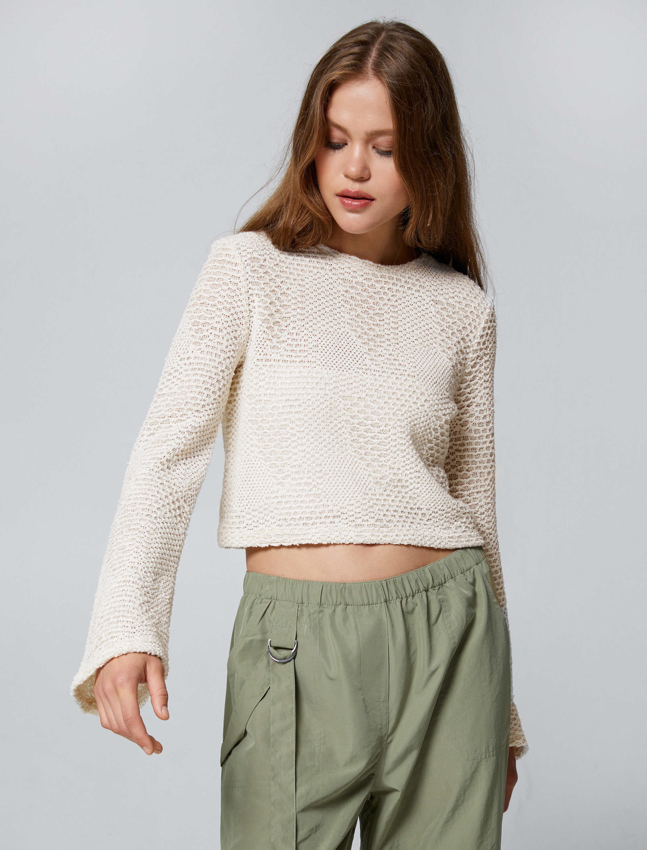   Crop Tişört Uzun Kollu Kroşe Bisiklet Yaka