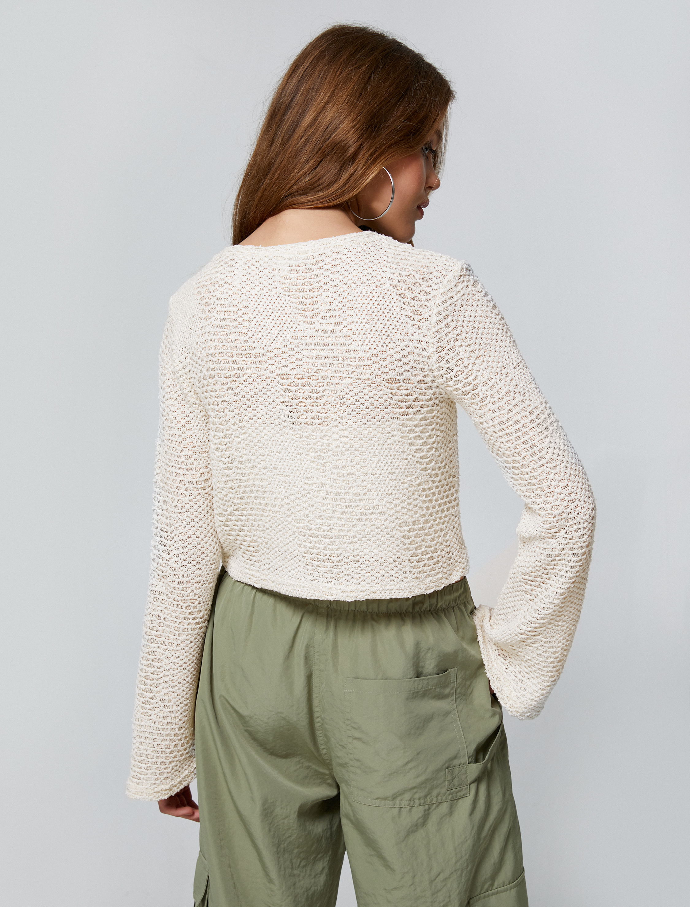   Crop Tişört Uzun Kollu Kroşe Bisiklet Yaka