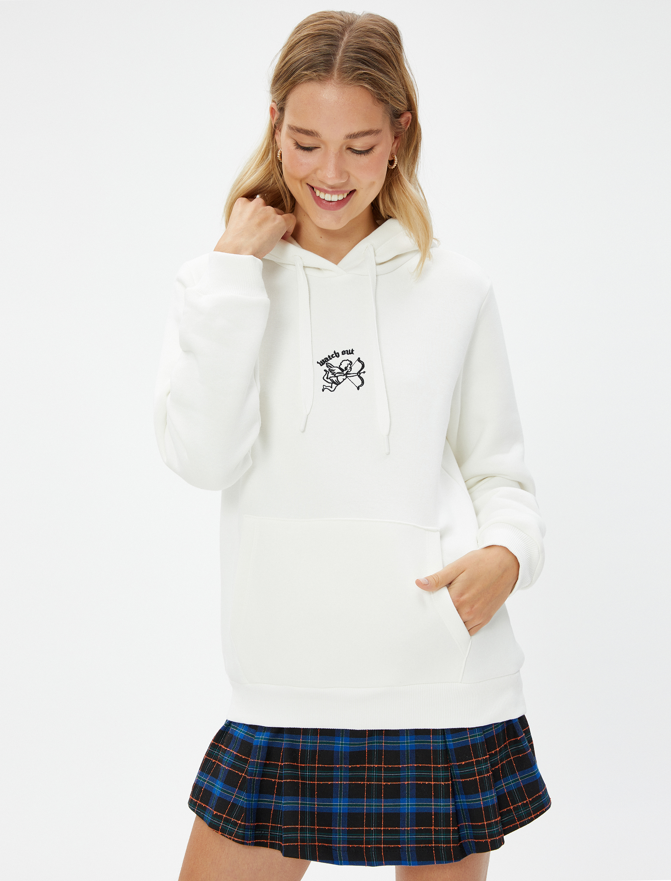   Şardonlu Kapüşonlu Sweatshirt Slogan Nakışlı Kanguru Cepli