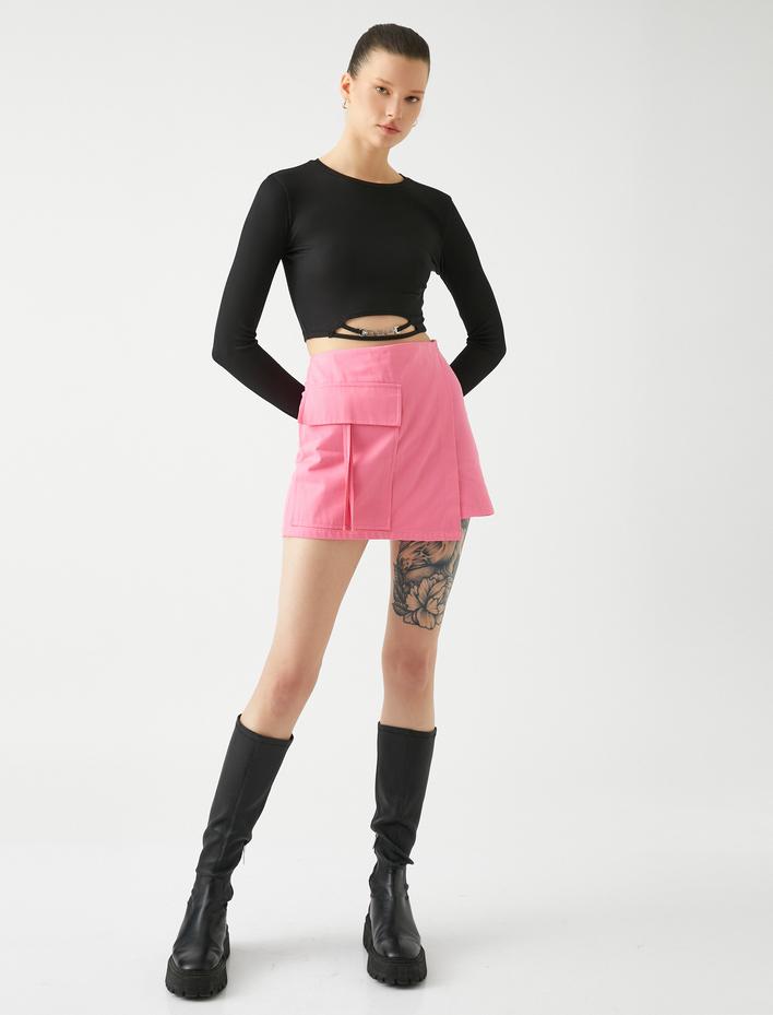  Uzun Kollu Tişört Crop Bisiklet Yaka Metal Aksesuarlı