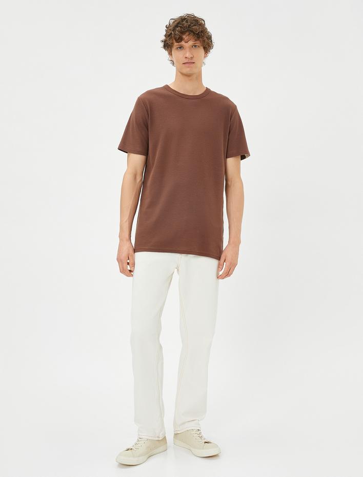  Basic Tişört Dokulu Bisiklet Yaka Kısa Kollu Pamuklu