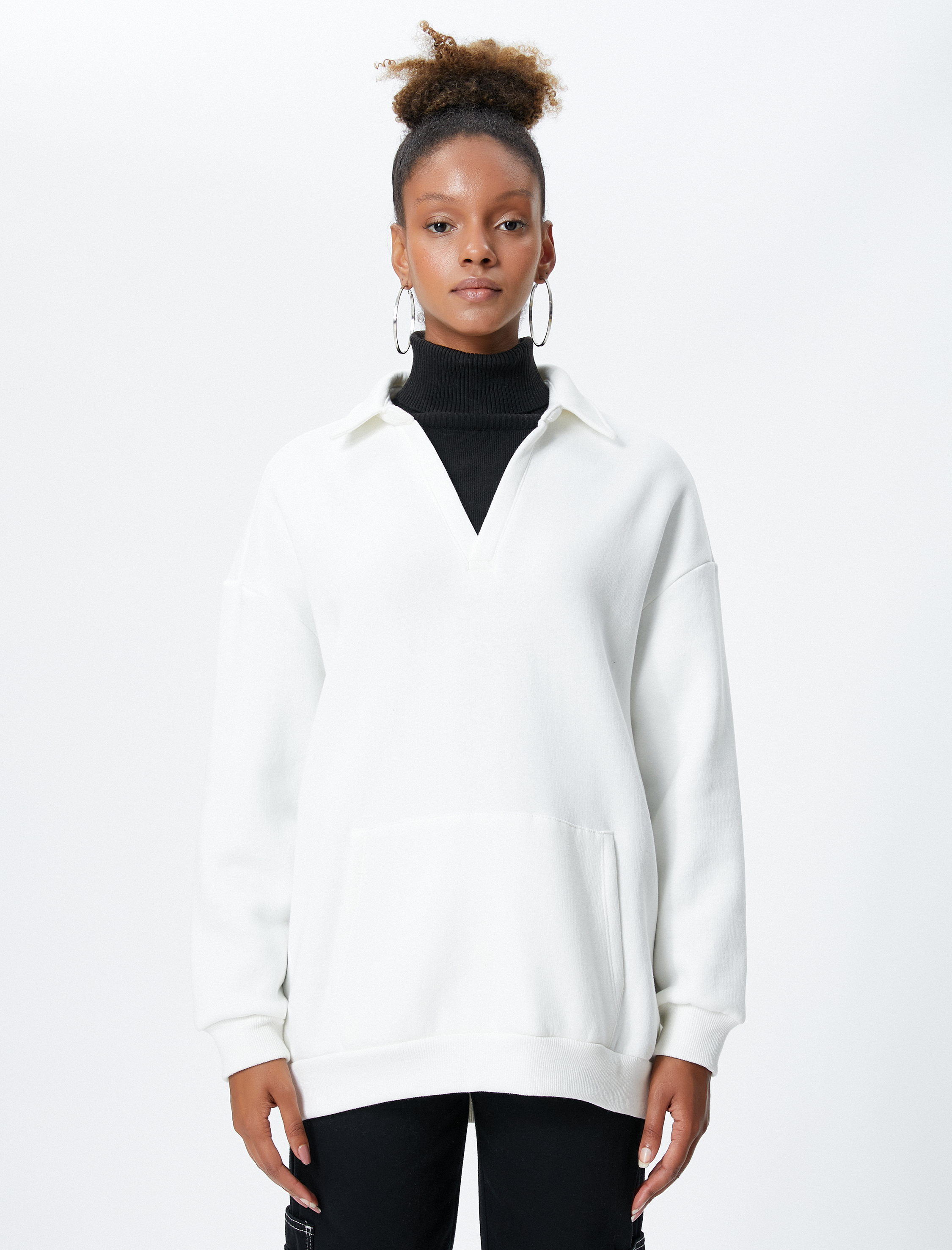   Şardonlu Polo Yaka Sweatshirt Kanguru Cep Detaylı Uzun Kollu