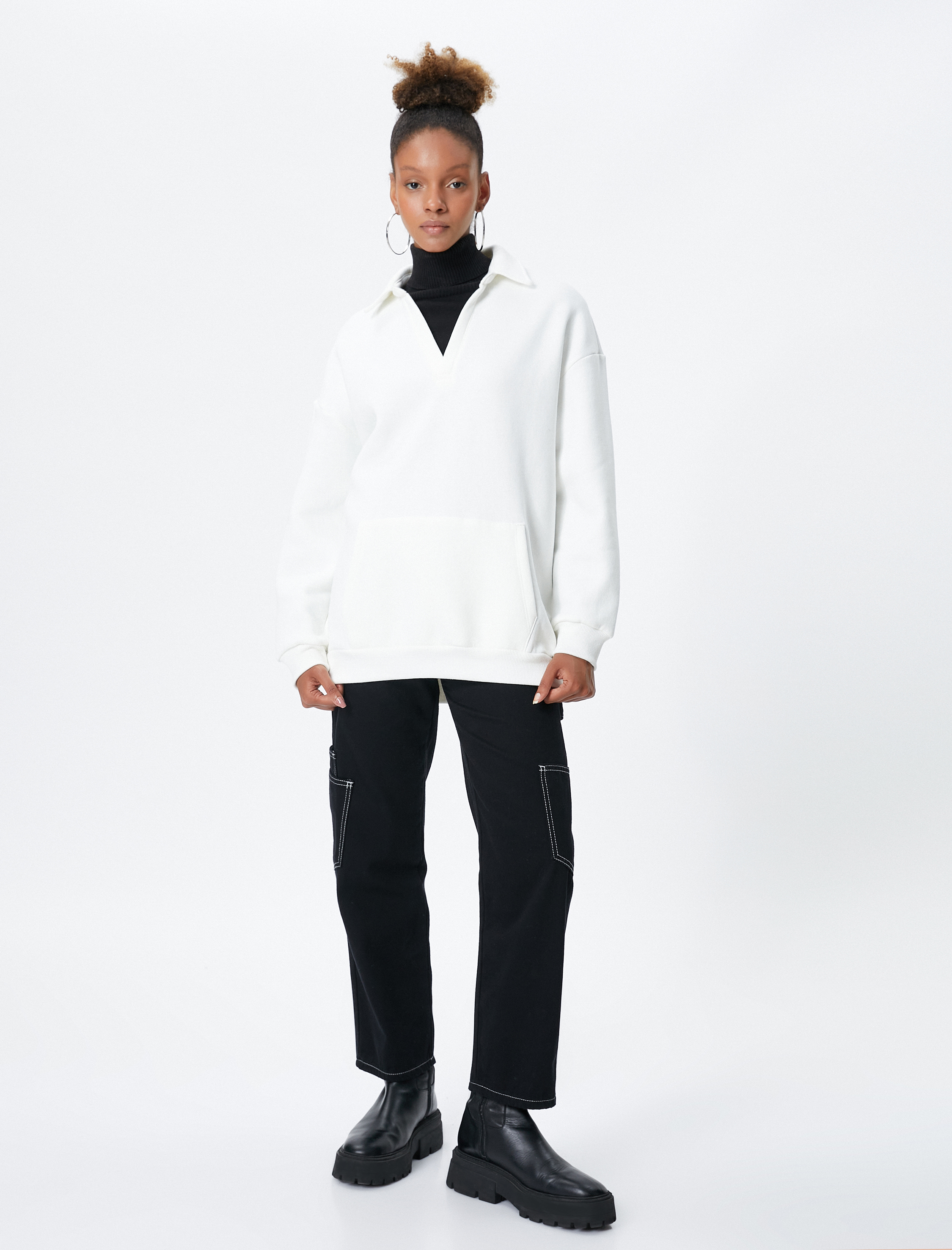   Şardonlu Polo Yaka Sweatshirt Kanguru Cep Detaylı Uzun Kollu