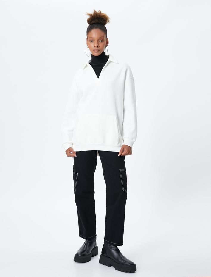  Şardonlu Polo Yaka Sweatshirt Kanguru Cep Detaylı Uzun Kollu