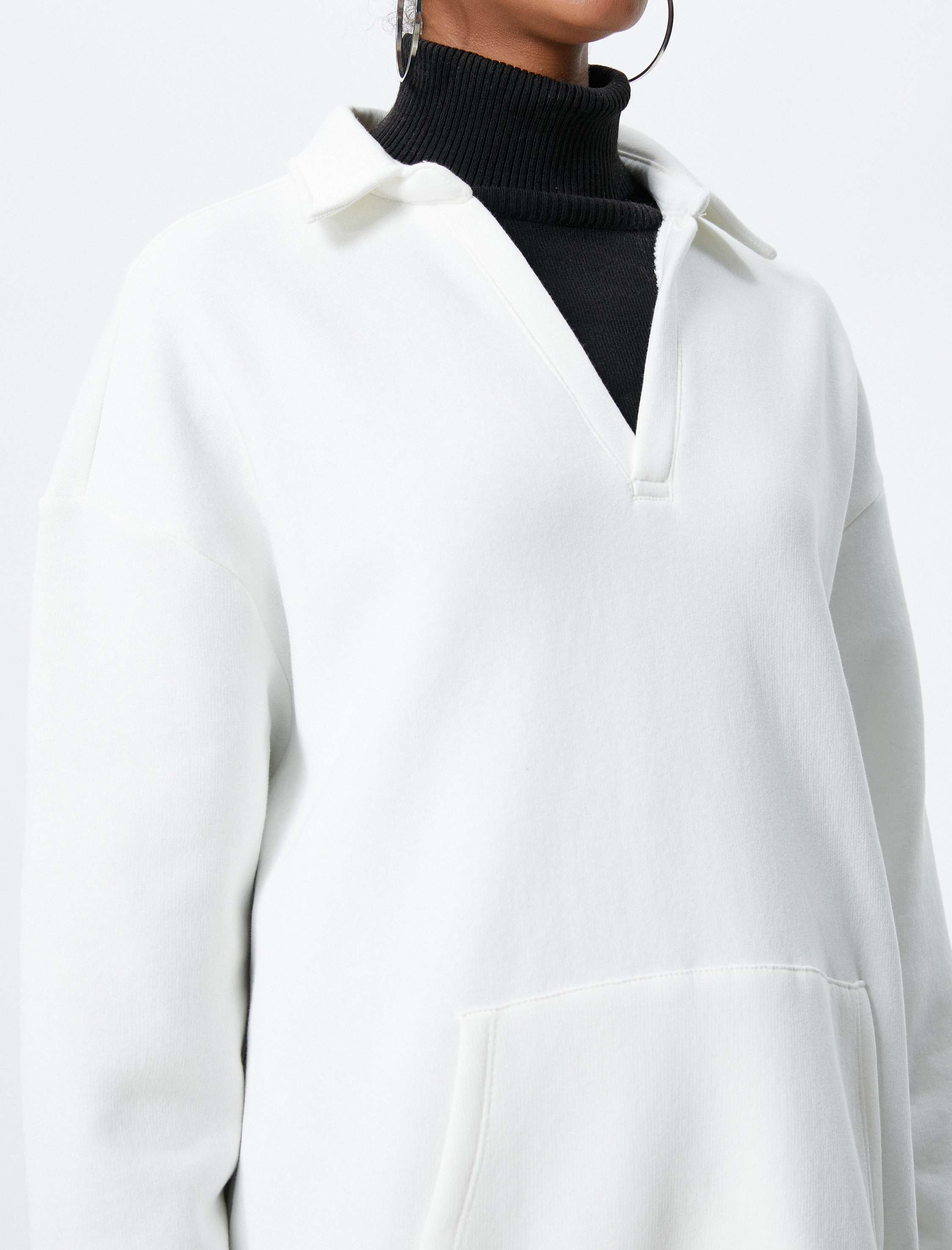   Şardonlu Polo Yaka Sweatshirt Kanguru Cep Detaylı Uzun Kollu