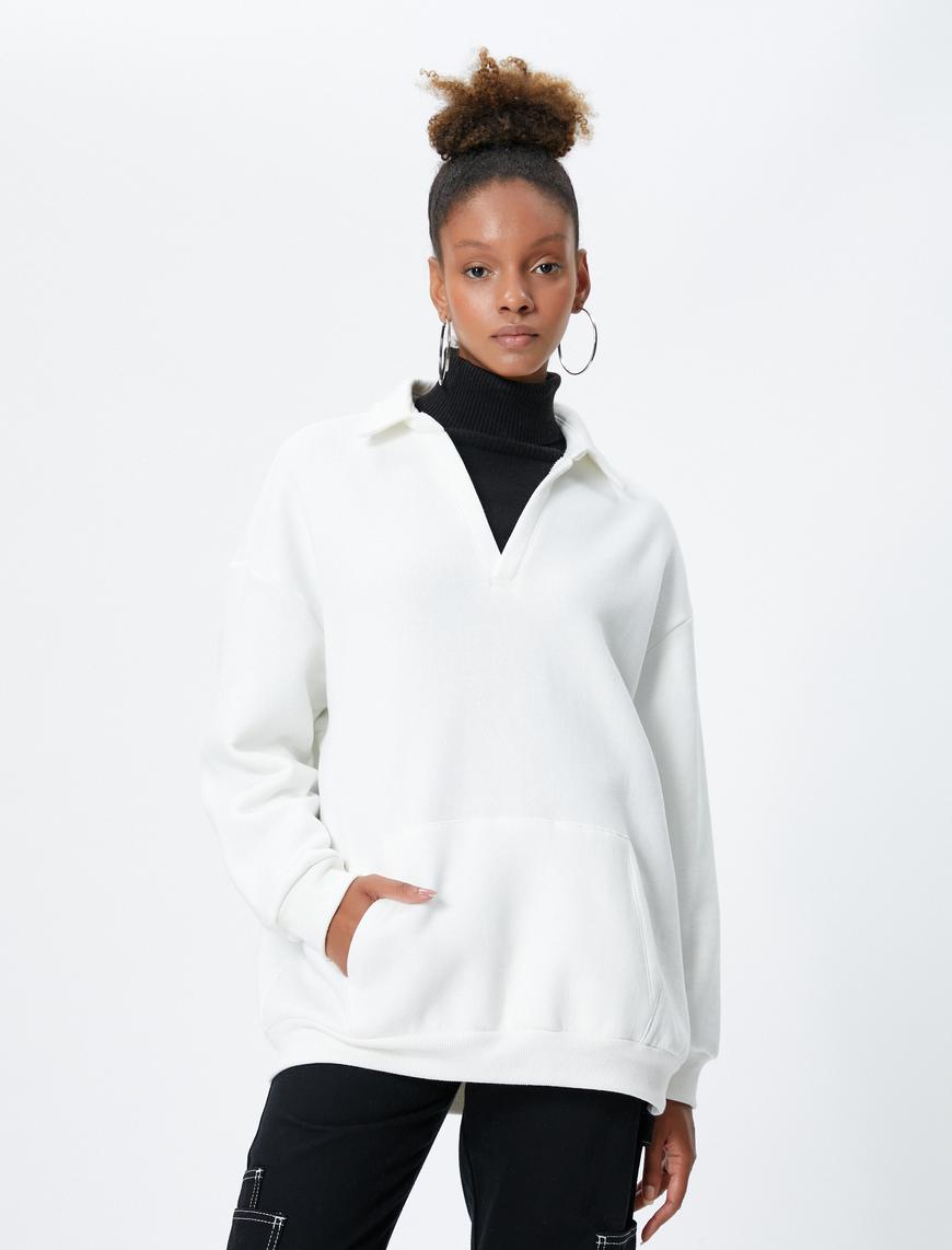  Şardonlu Polo Yaka Sweatshirt Kanguru Cep Detaylı Uzun Kollu