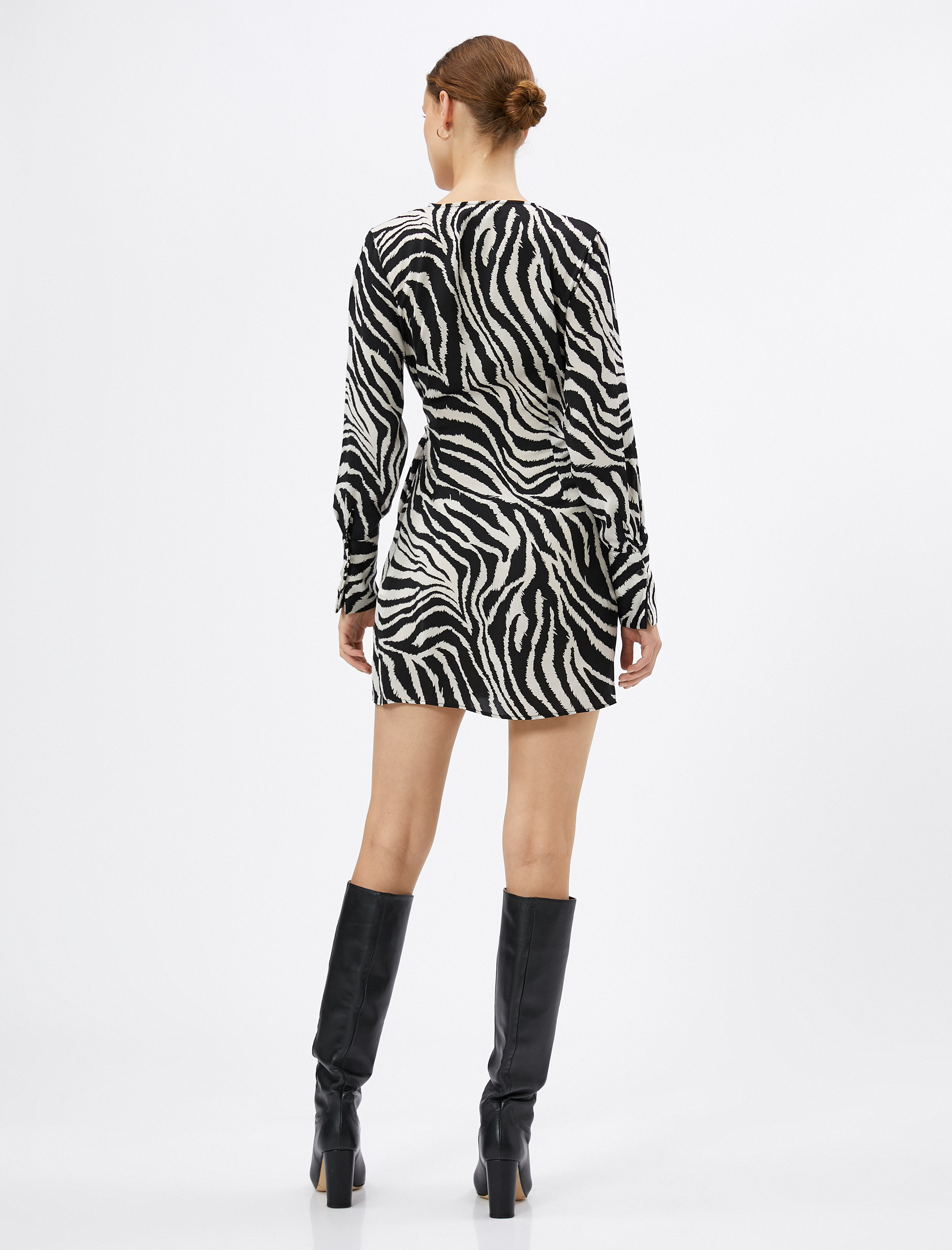   Zebra Desenli Elbise Mini Anvelop Uzun Kollu V Yaka