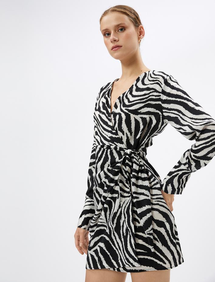  Zebra Desenli Elbise Mini Anvelop Uzun Kollu V Yaka
