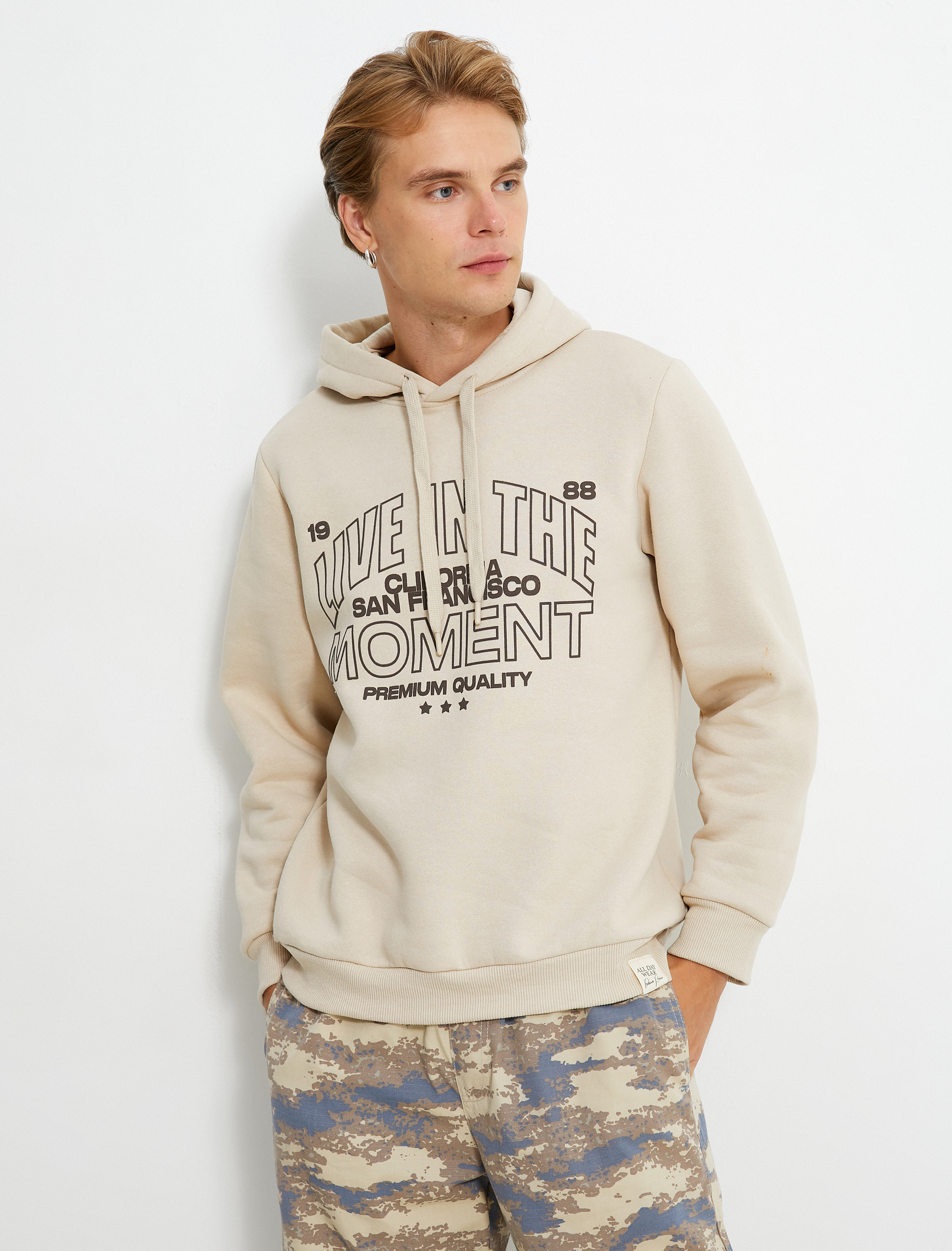   Kapşonlu Sweatshirt İşleme Detaylı Uzun Kollu Şardonlu