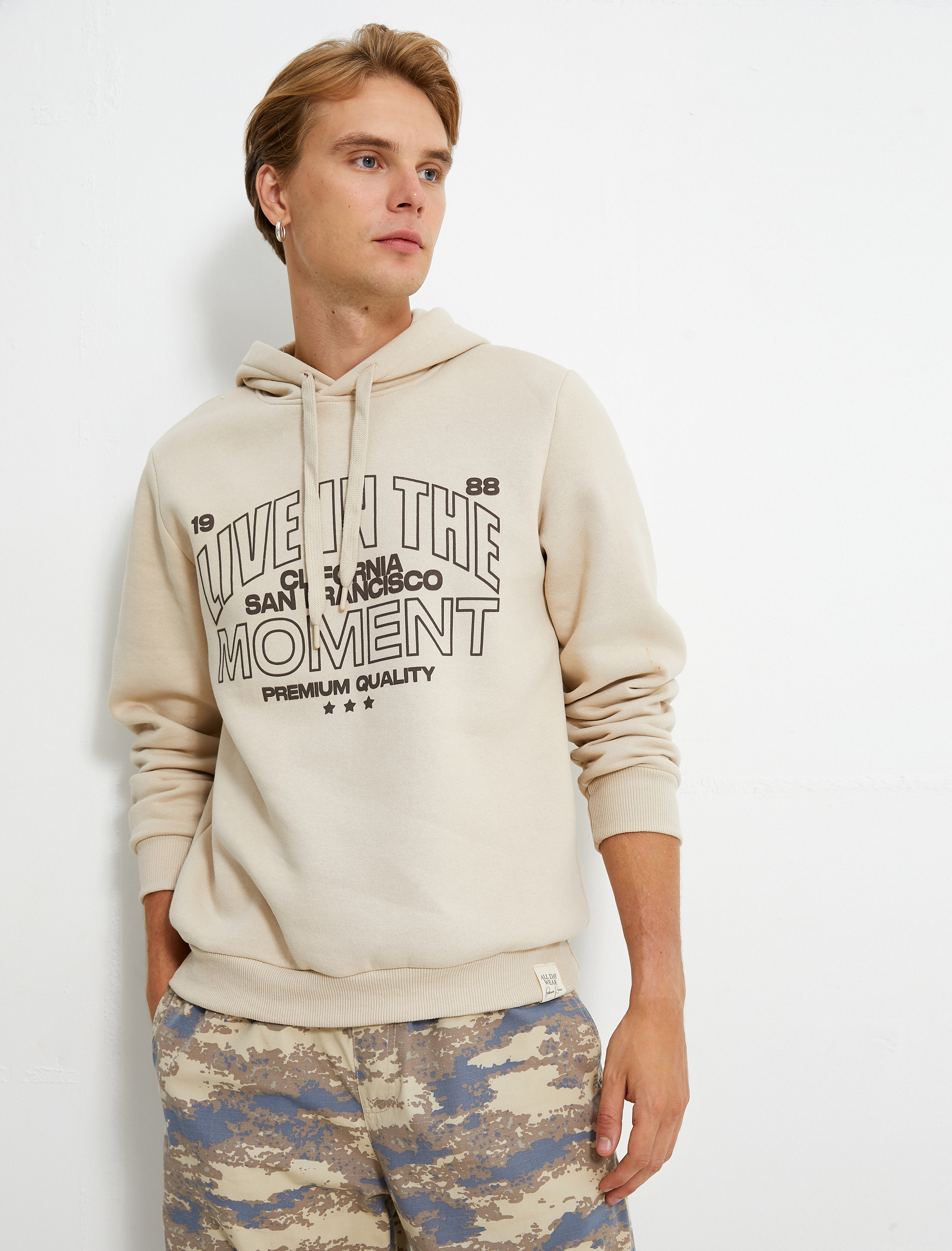   Kapşonlu Sweatshirt İşleme Detaylı Uzun Kollu Şardonlu