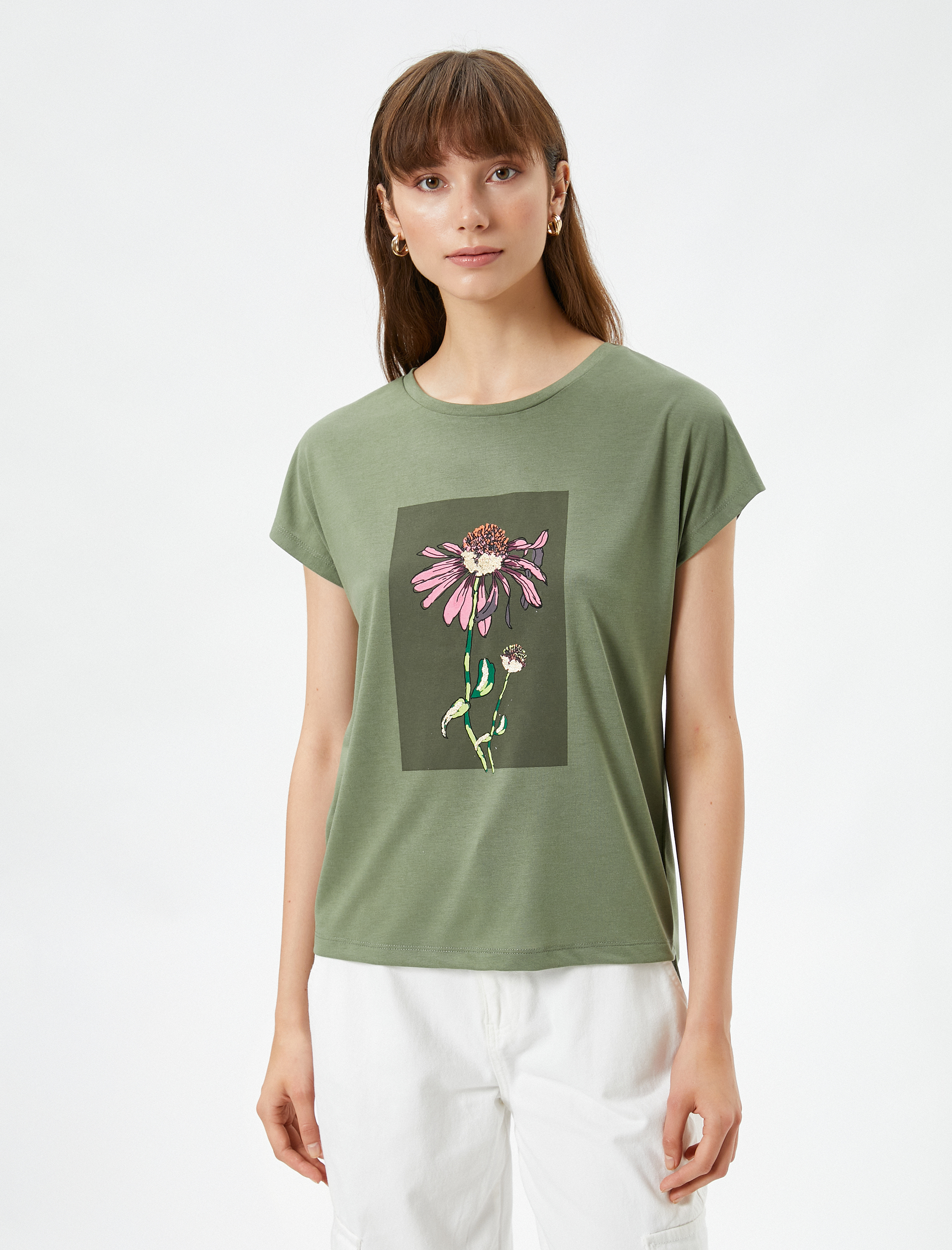   Çiçek Baskılı Tişört Kısa Kollu