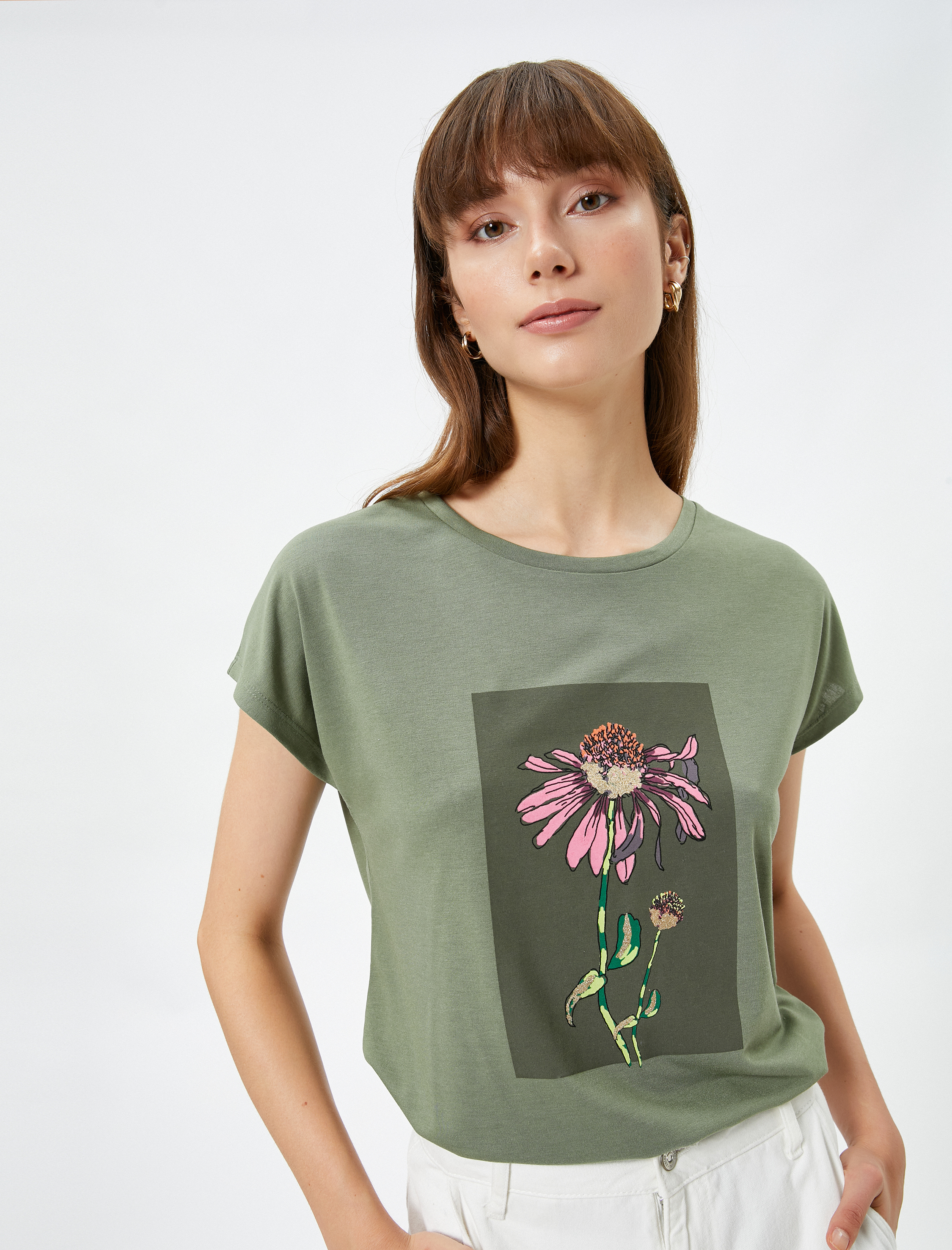   Çiçek Baskılı Tişört Kısa Kollu