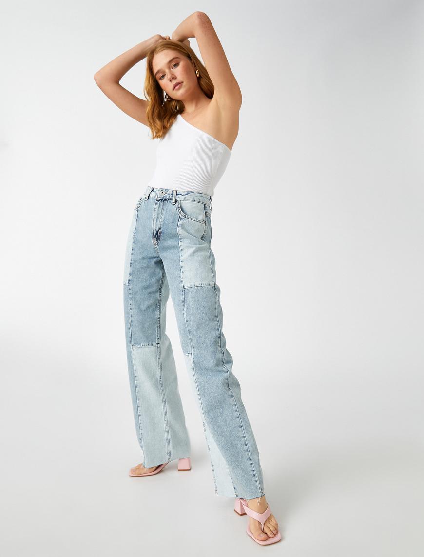   Yüksek Bel Bloklu Kot Pantolon - Longer Straight Fit Jean