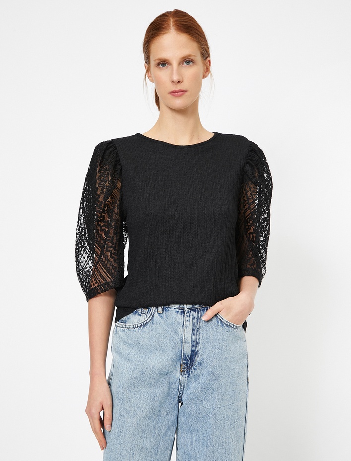  Uzun Kollu Tişört Dantel Detaylı