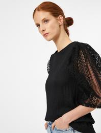 Uzun Kollu Tişört Dantel Detaylı