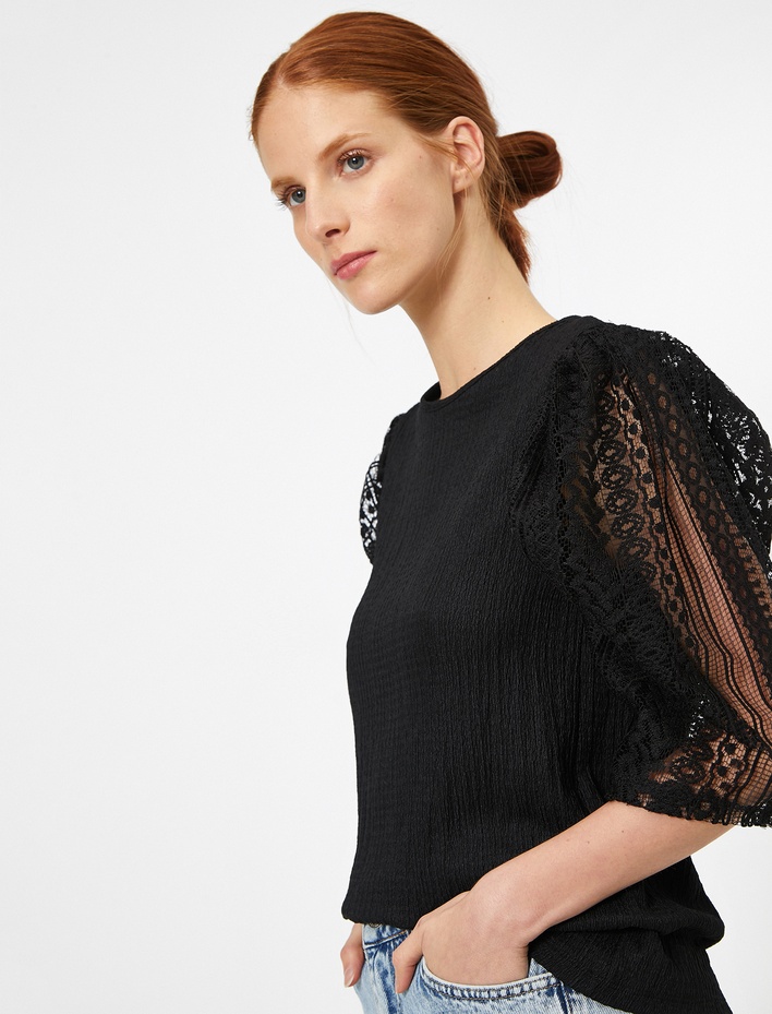  Uzun Kollu Tişört Dantel Detaylı