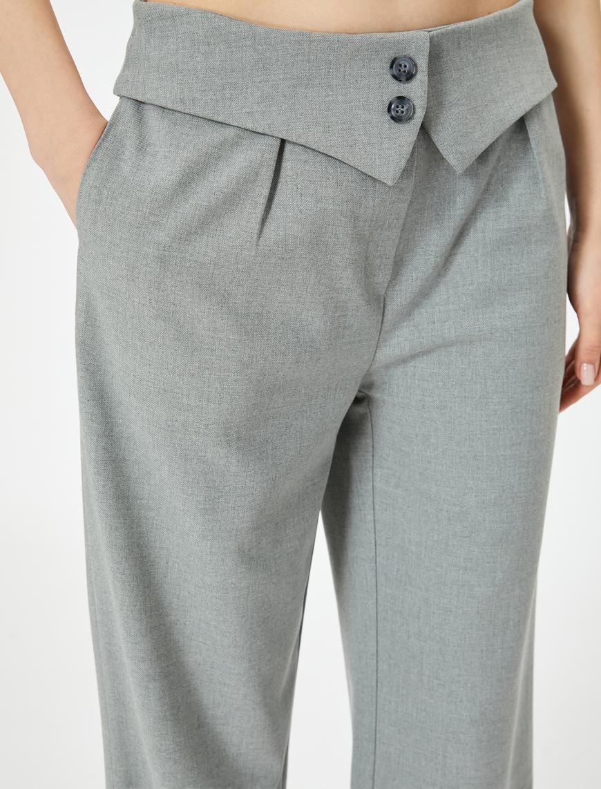   Beli Katlama Detaylı Bol Paça Kumaş Pantolon Cepli