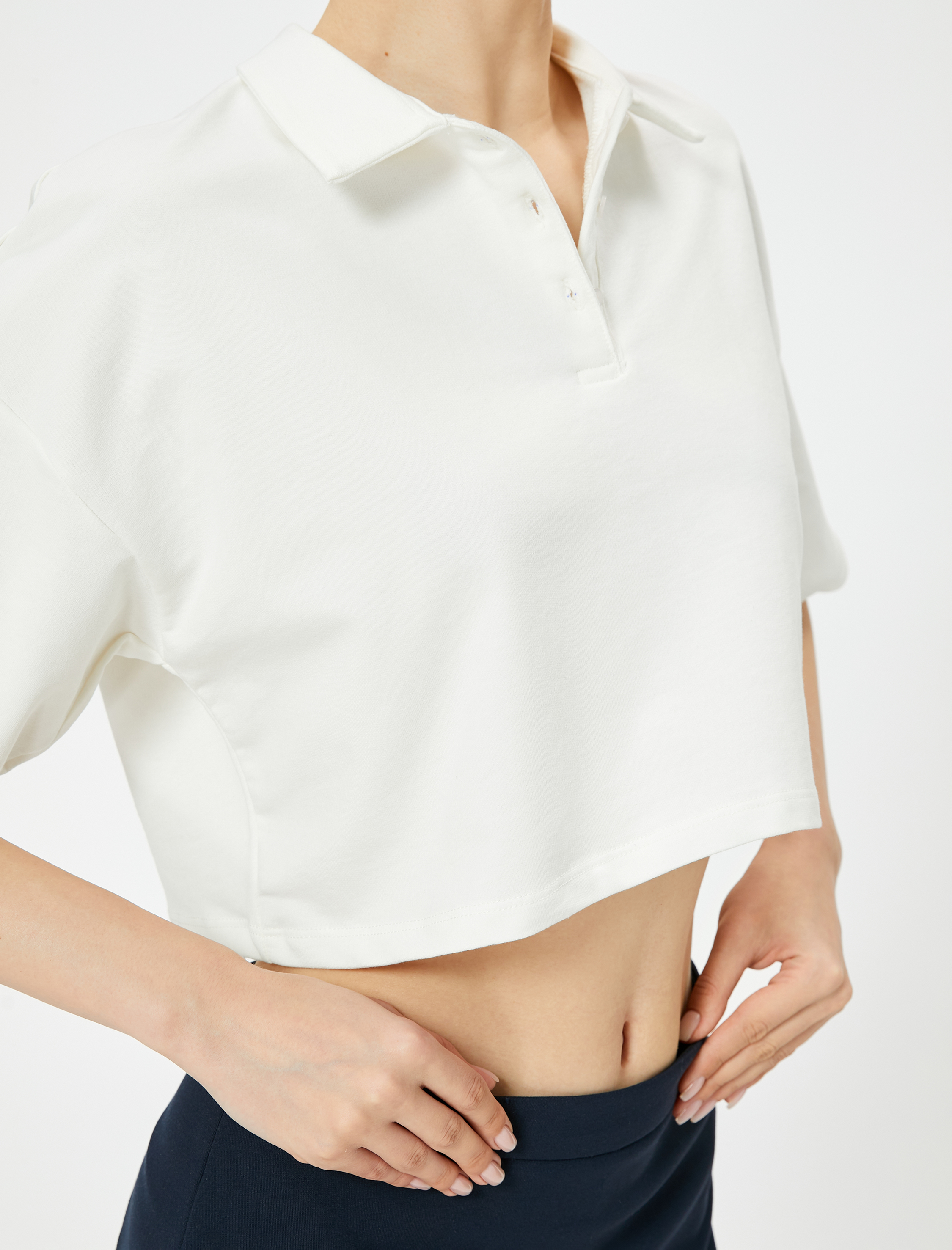   Crop Polo Yaka Tişört Kısa Kollu Rahat Kalıp Pamuklu