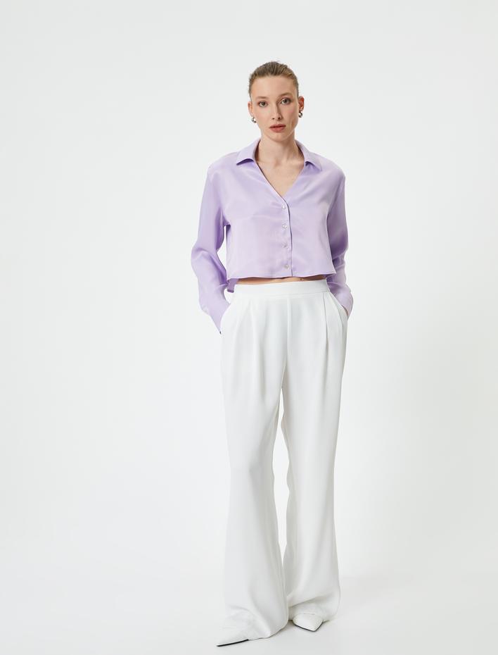  Viskon Crop Gömlek Düğmeli Uzun Kollu