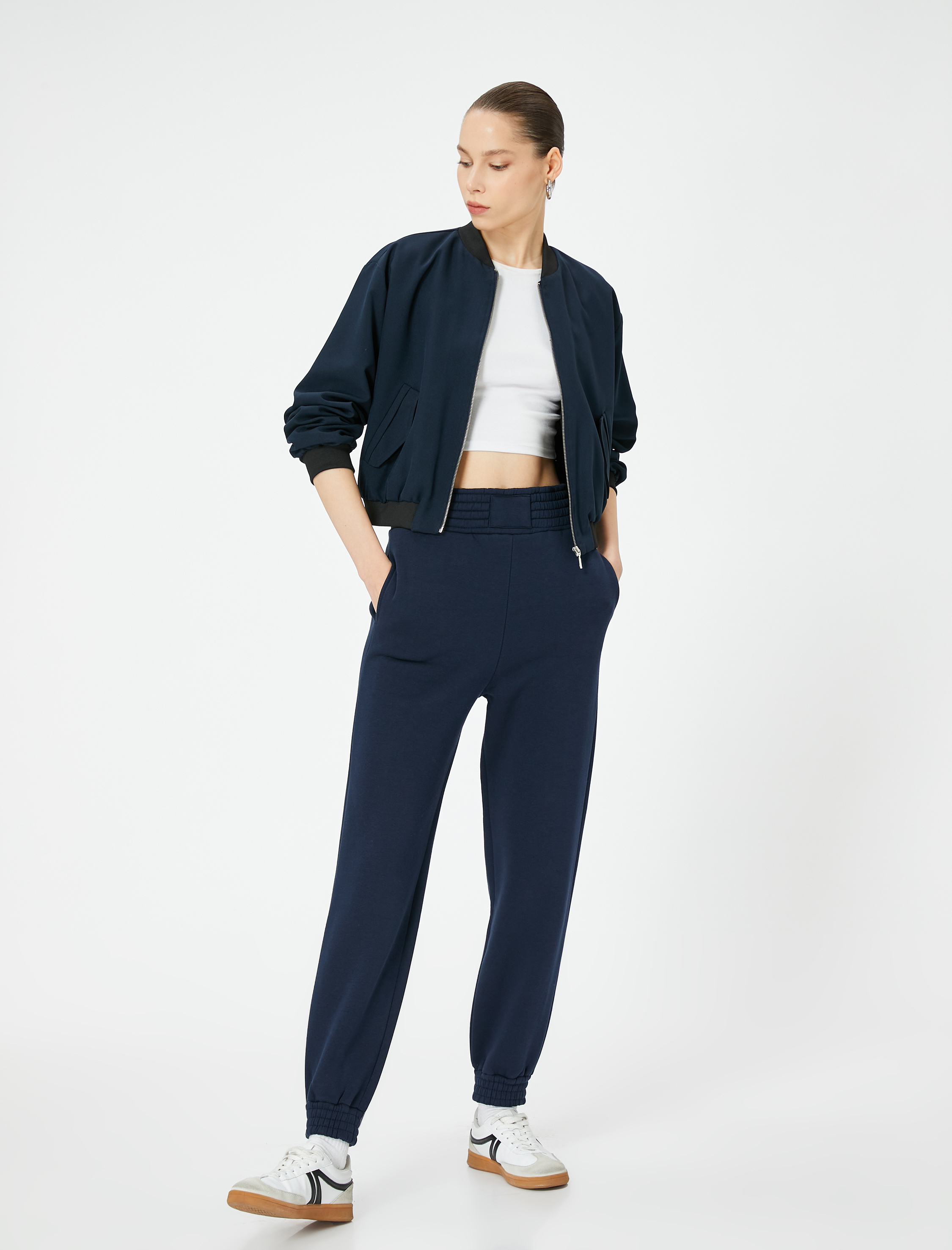   Şardonlu Jogger Eşofman Altı Yüksek Bel Cepli Rahat Kalıp