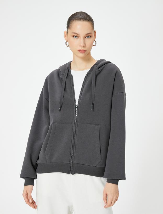 Kapüşonlu Fermuarlı Oversize Sweatshirt Kanguru Cepli_2