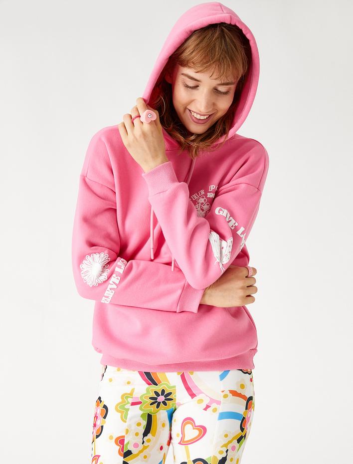  Baskılı Oversize Sweatshirt Kapüşonlu İçi Polarlı