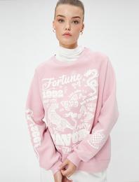 Şardonlu Kolej Sweatshirt Rahat Kesim Baskılı Bisiklet Yaka Uzun Kollu