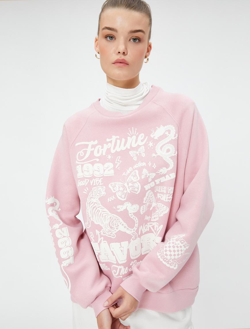   Şardonlu Kolej Sweatshirt Rahat Kesim Baskılı Bisiklet Yaka Uzun Kollu
