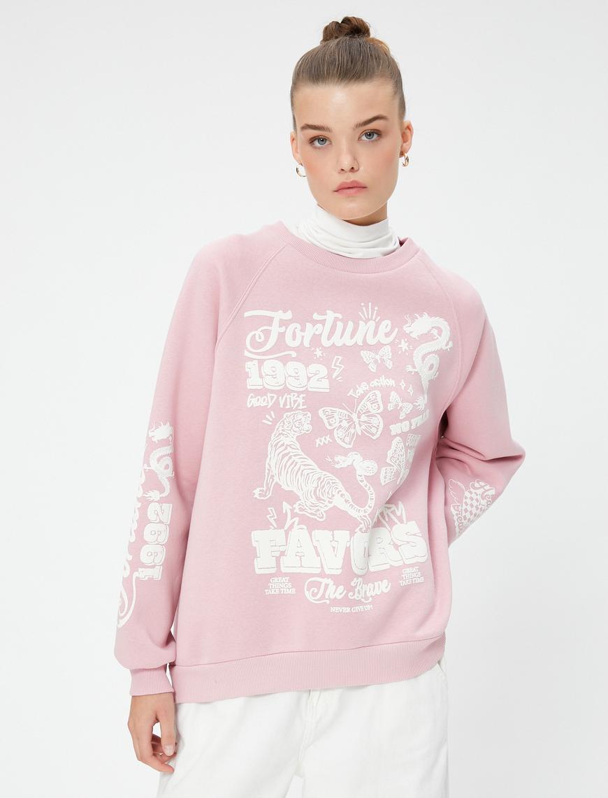   Şardonlu Kolej Sweatshirt Rahat Kesim Baskılı Bisiklet Yaka Uzun Kollu
