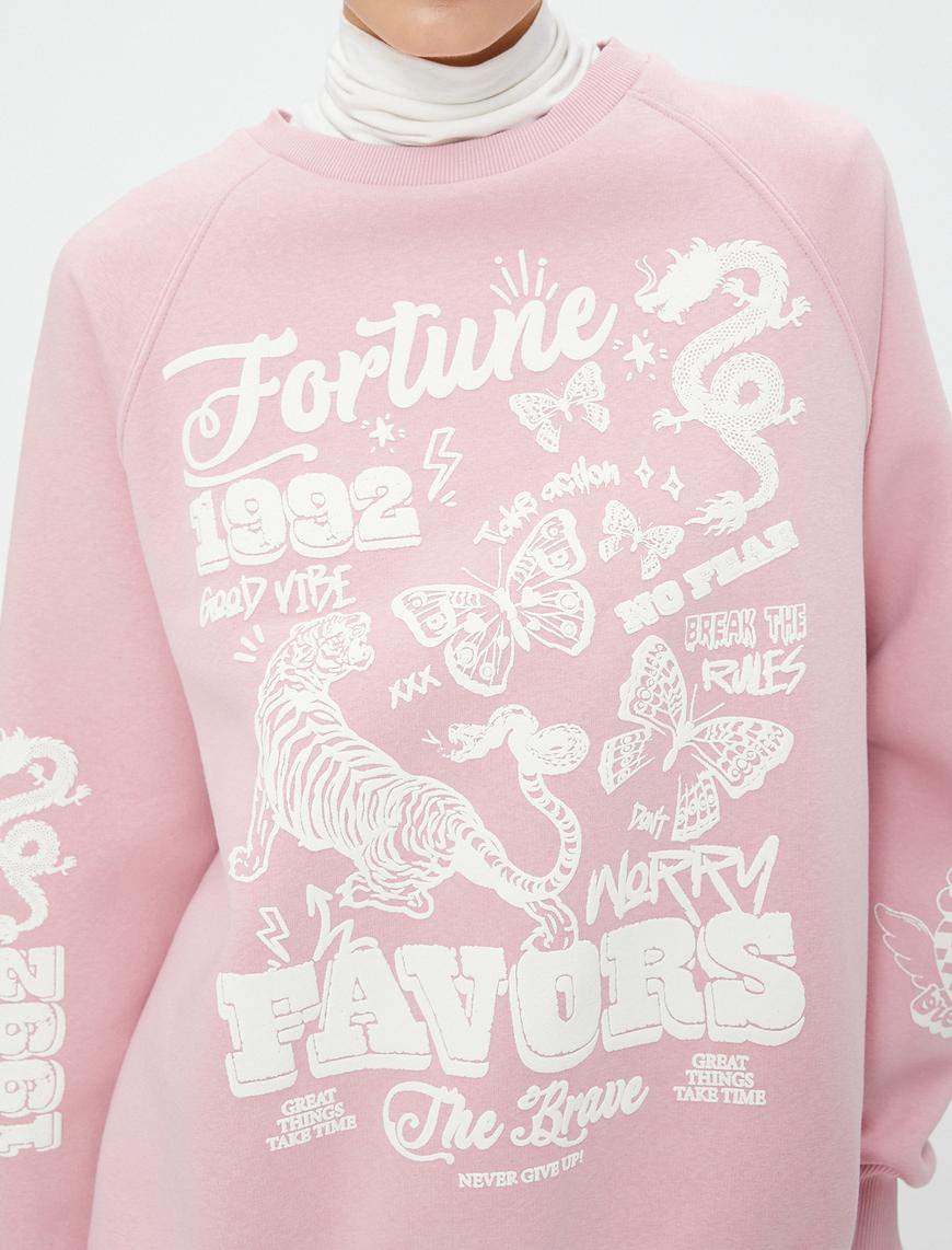   Şardonlu Kolej Sweatshirt Rahat Kesim Baskılı Bisiklet Yaka Uzun Kollu