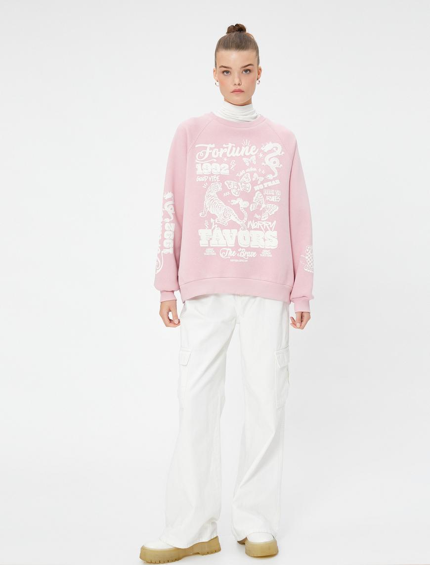   Şardonlu Kolej Sweatshirt Rahat Kesim Baskılı Bisiklet Yaka Uzun Kollu