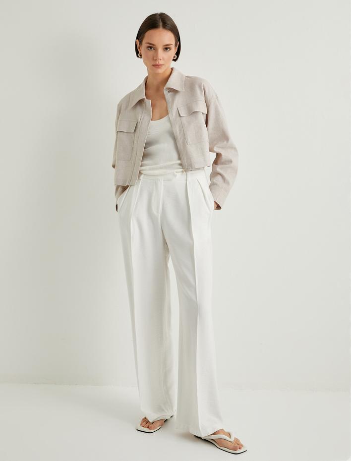  Kısa Ceket Kargo Cepli Keten Karışımlı