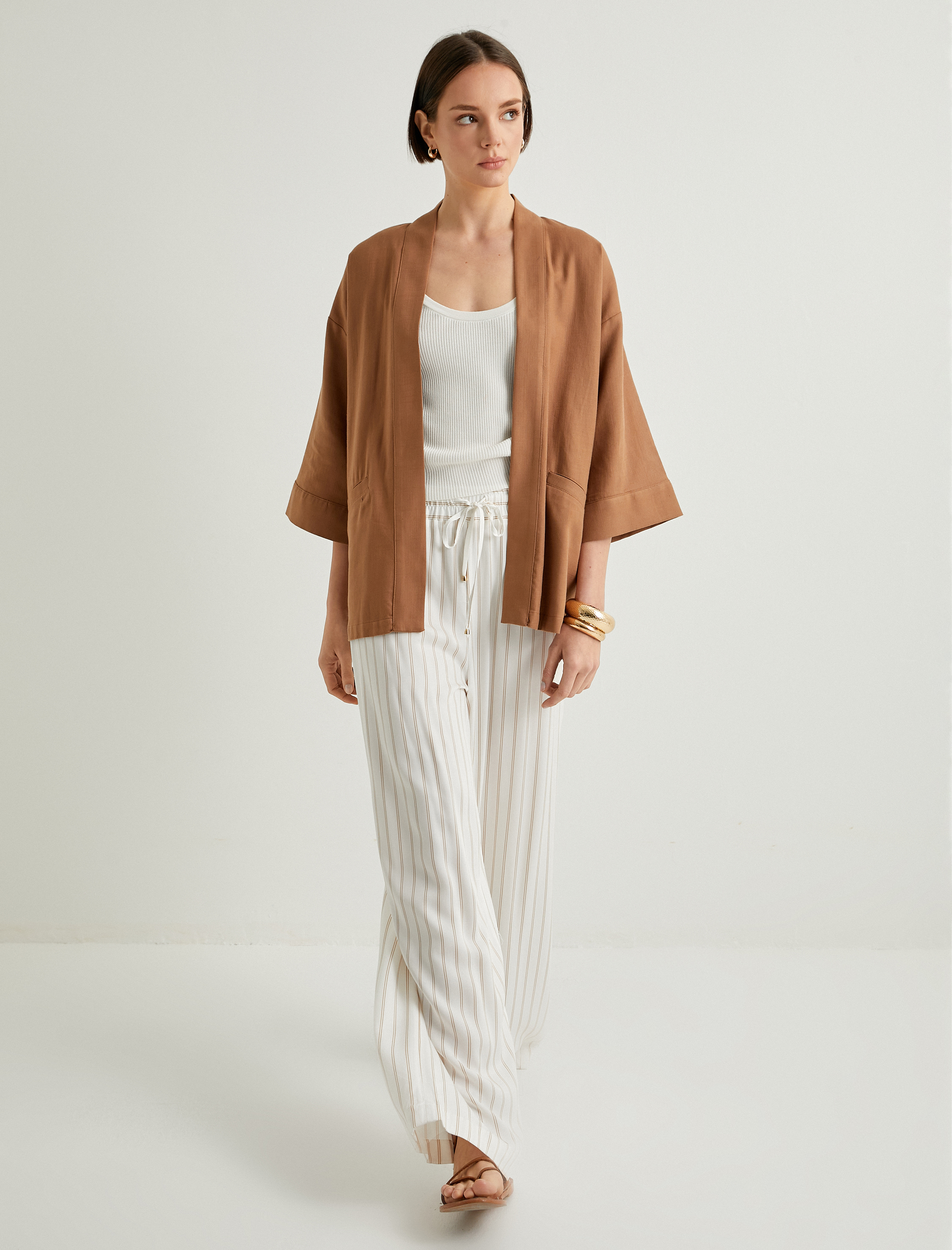   Kimono Pamuklu Fleto Cepli Yarım Geniş Kollu