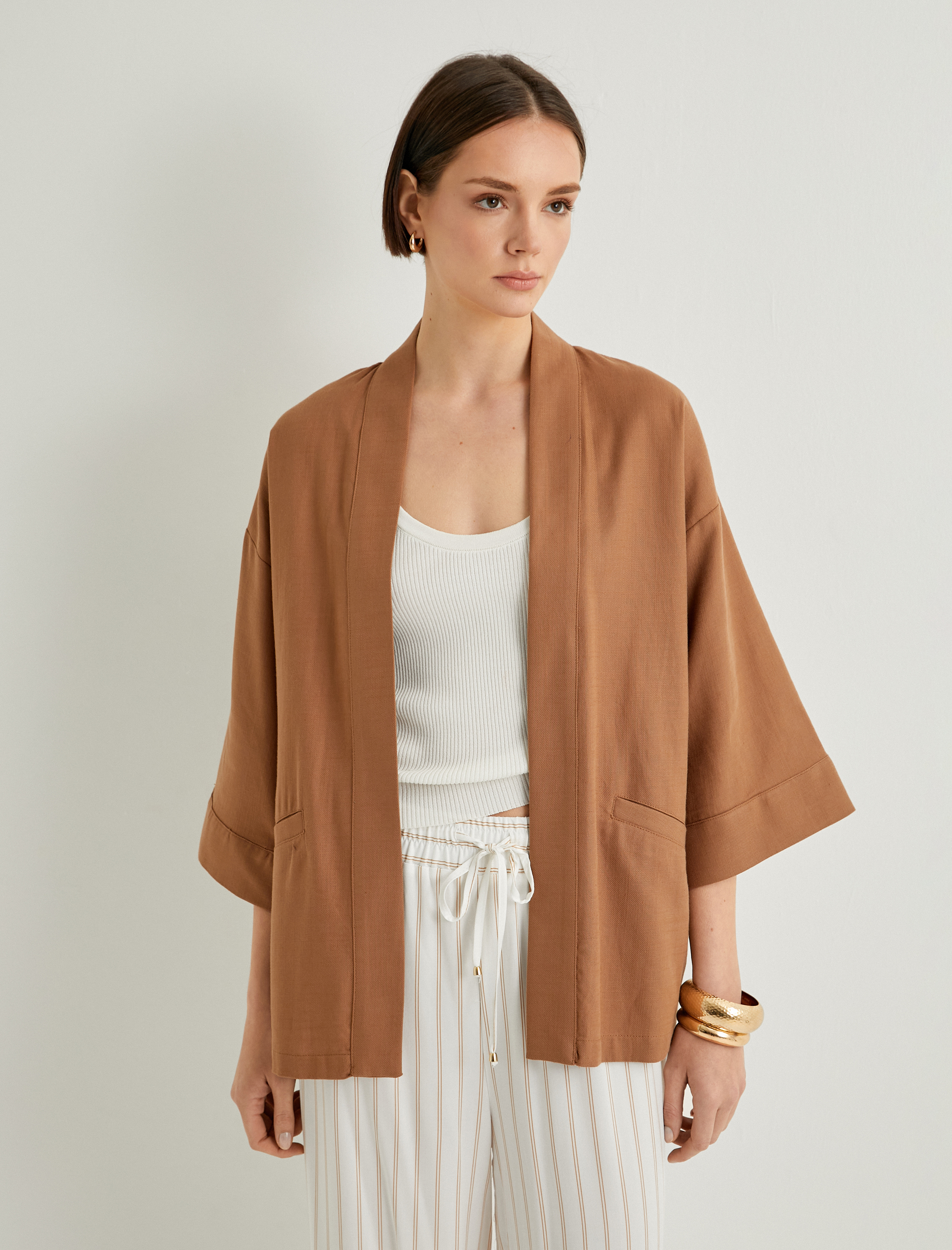   Kimono Pamuklu Fleto Cepli Yarım Geniş Kollu