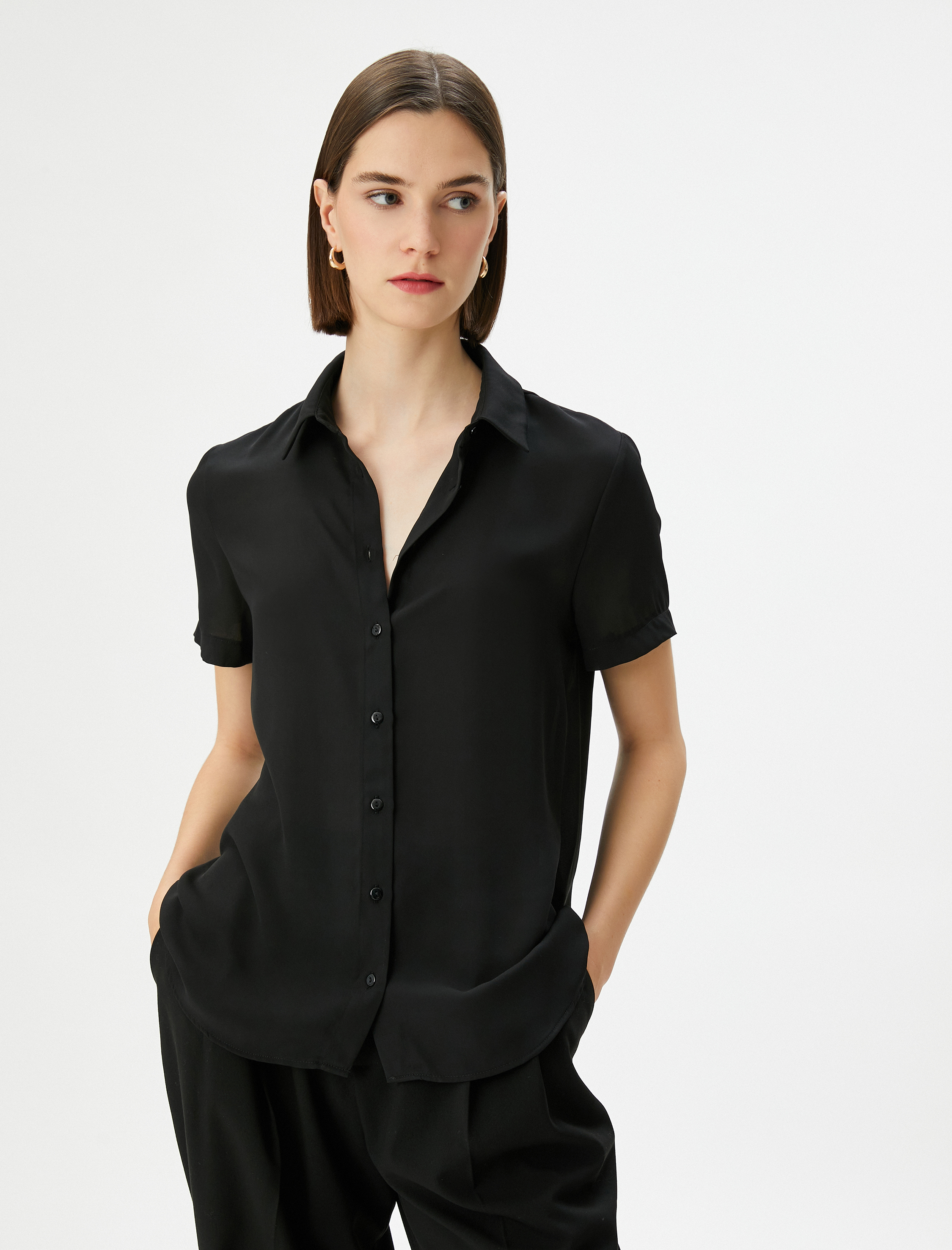   Şifon Gömlek Kısa Kollu Klasik Yaka