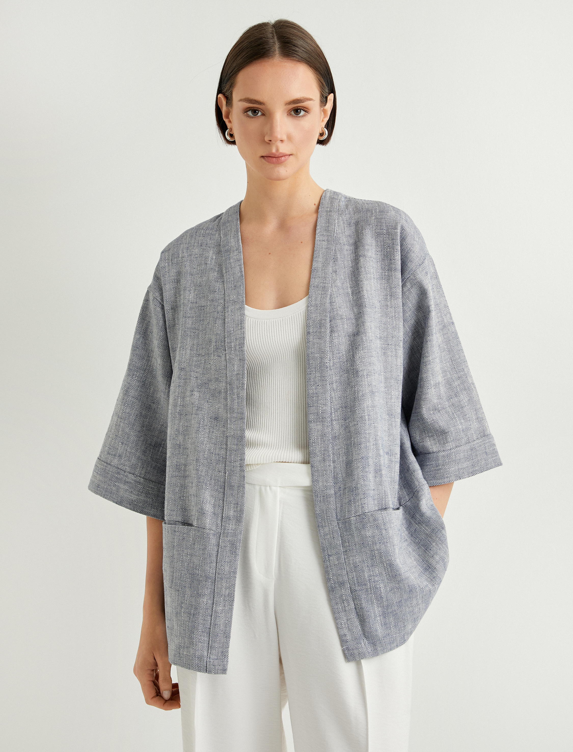   Kimono Geniş Yarım Kollu Cep Detaylı Keten Pamuk Karışımlı