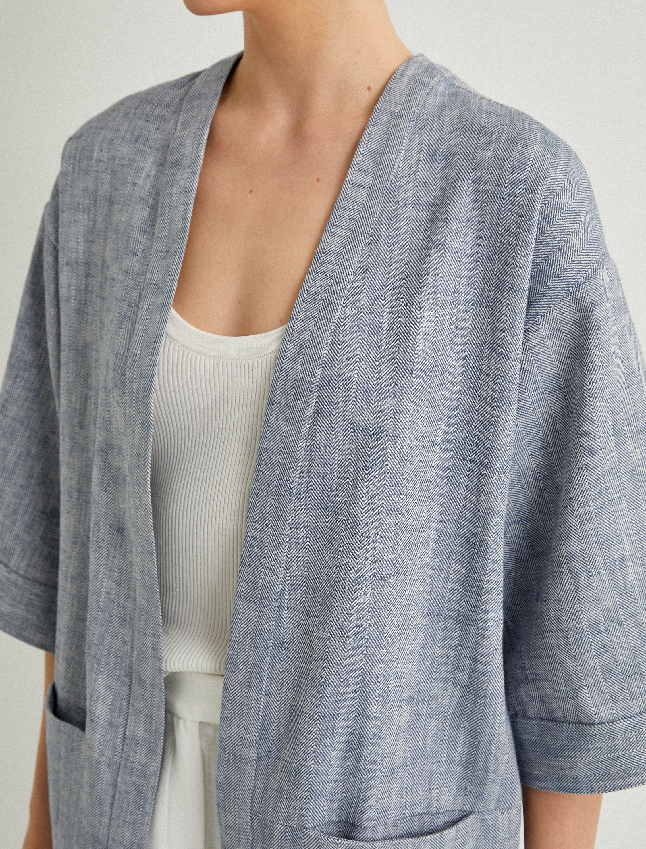   Kimono Geniş Yarım Kollu Cep Detaylı Keten Pamuk Karışımlı