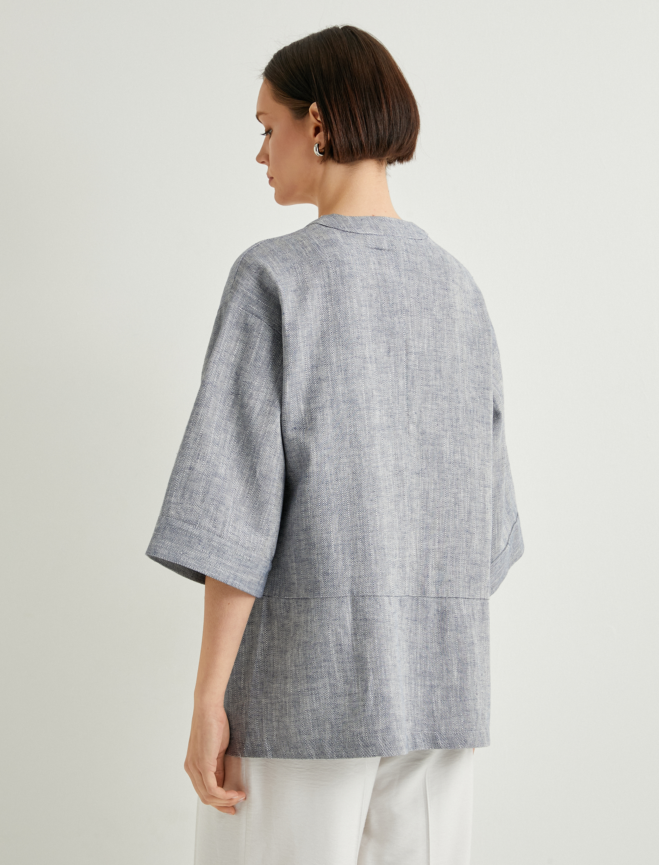   Kimono Geniş Yarım Kollu Cep Detaylı Keten Pamuk Karışımlı