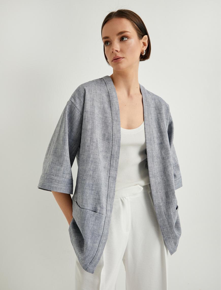   Kimono Geniş Yarım Kollu Cep Detaylı Keten Pamuk Karışımlı