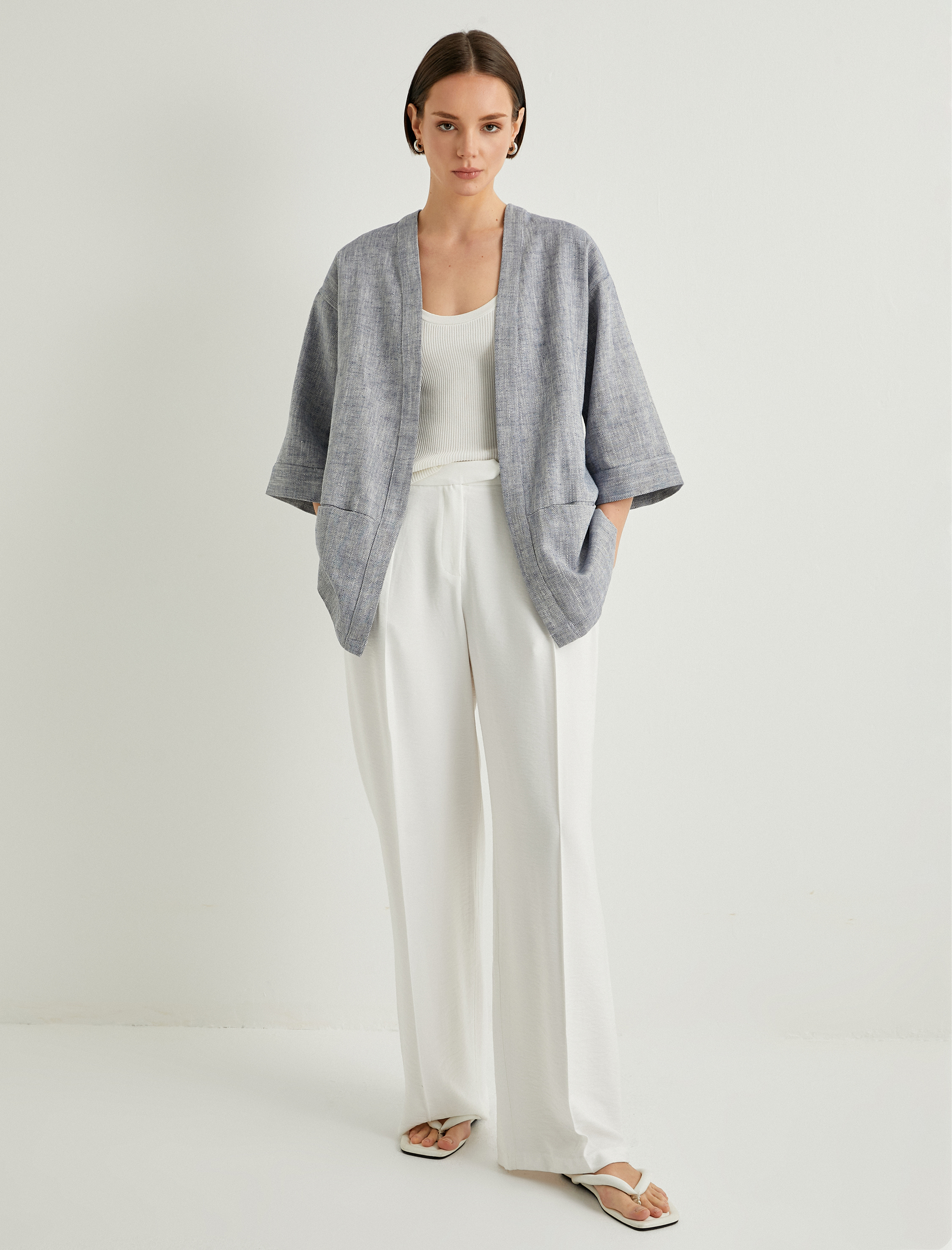   Kimono Geniş Yarım Kollu Cep Detaylı Keten Pamuk Karışımlı