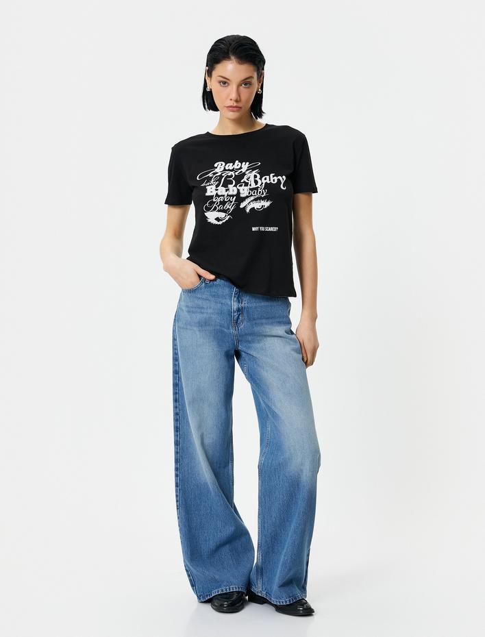  Slogan Baskılı Tişört Bisiklet Yaka Kısa Kollu