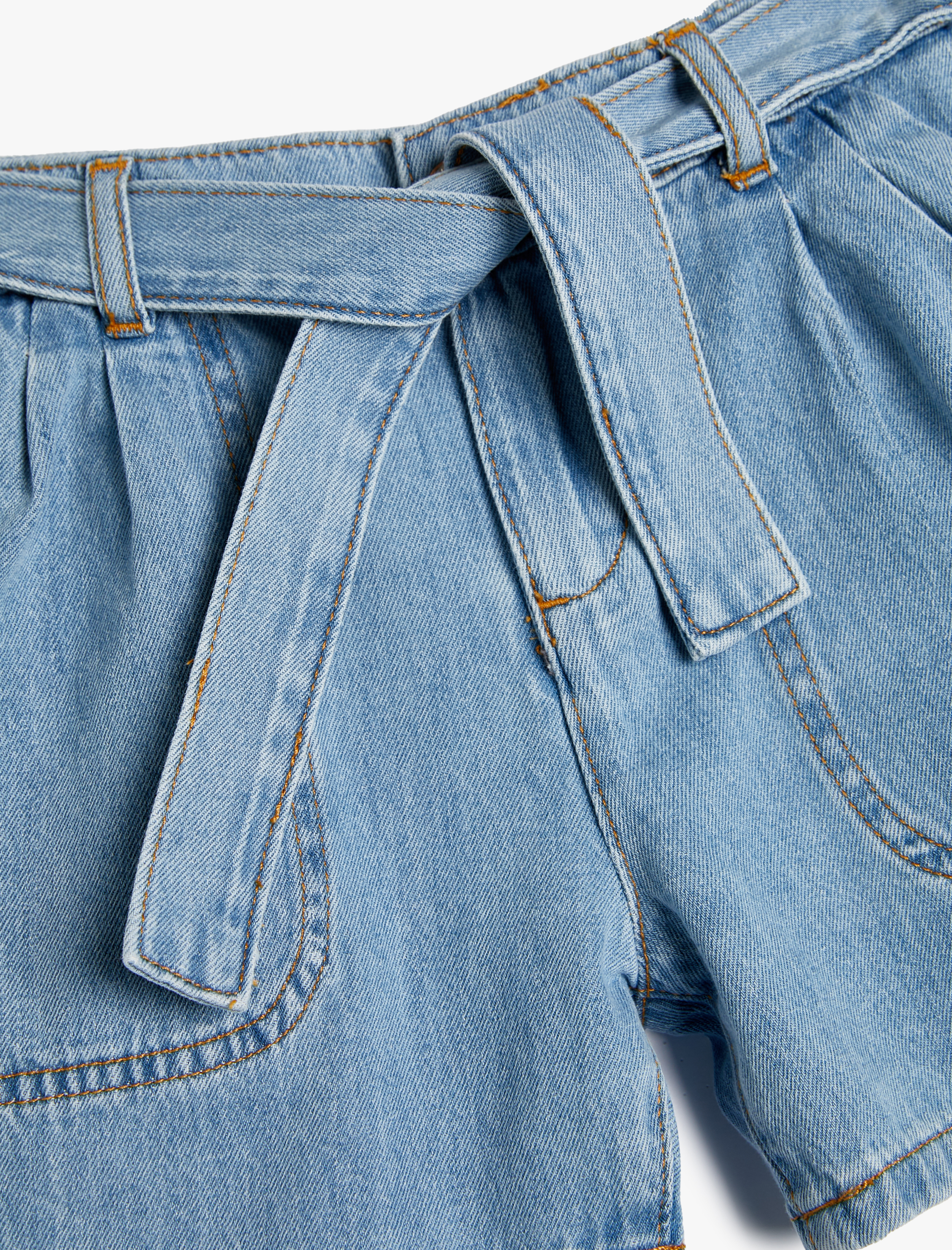  Kız Çocuk Kot Şort Kuşak Detaylı Cepli Pamuklu Beli Lastikli