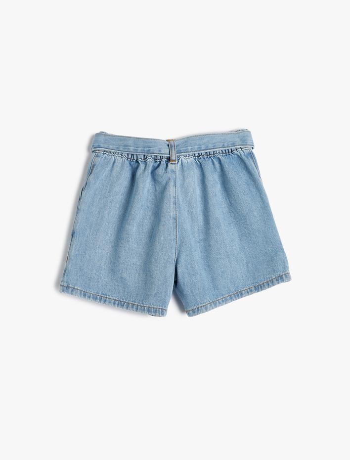 Kız Çocuk Kot Şort Kuşak Detaylı Cepli Pamuklu Beli Lastikli