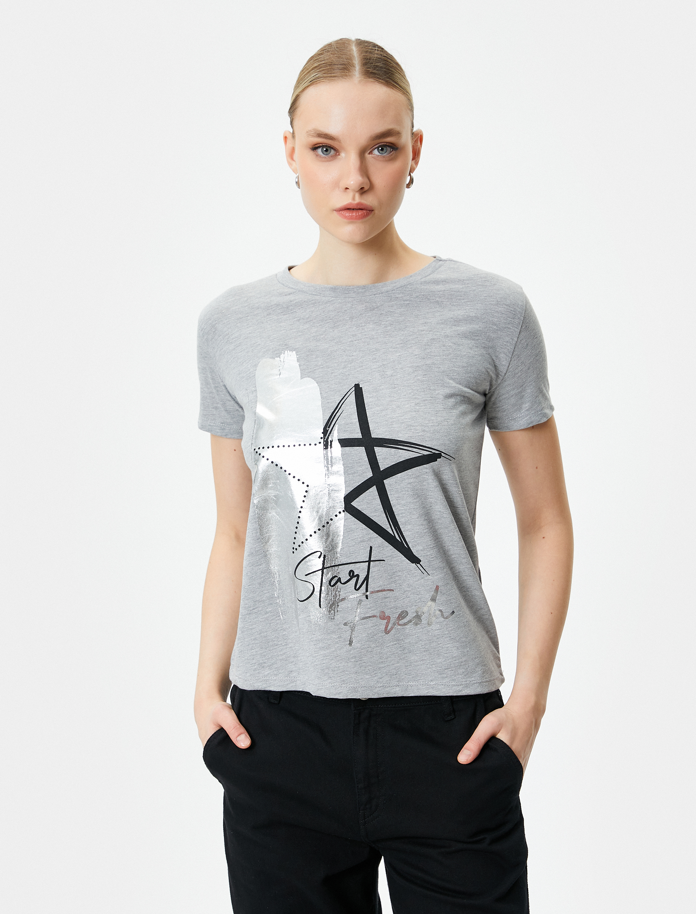   Parlak Slogan Baskılı Tişört Bisiklet Yaka Kısa Kollu