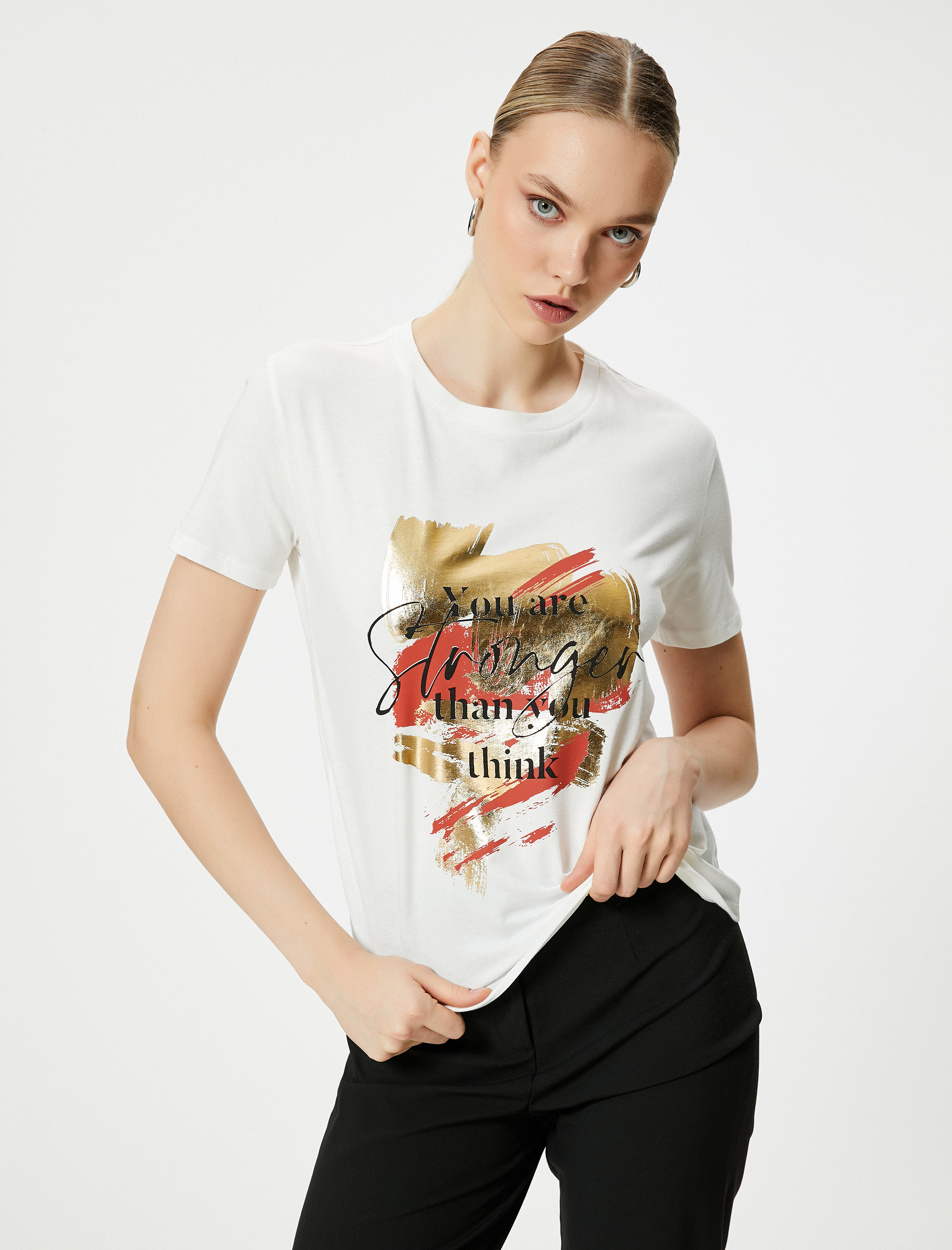   Baskılı Tişört Kısa Kollu Bisiklet Yaka Pamuklu