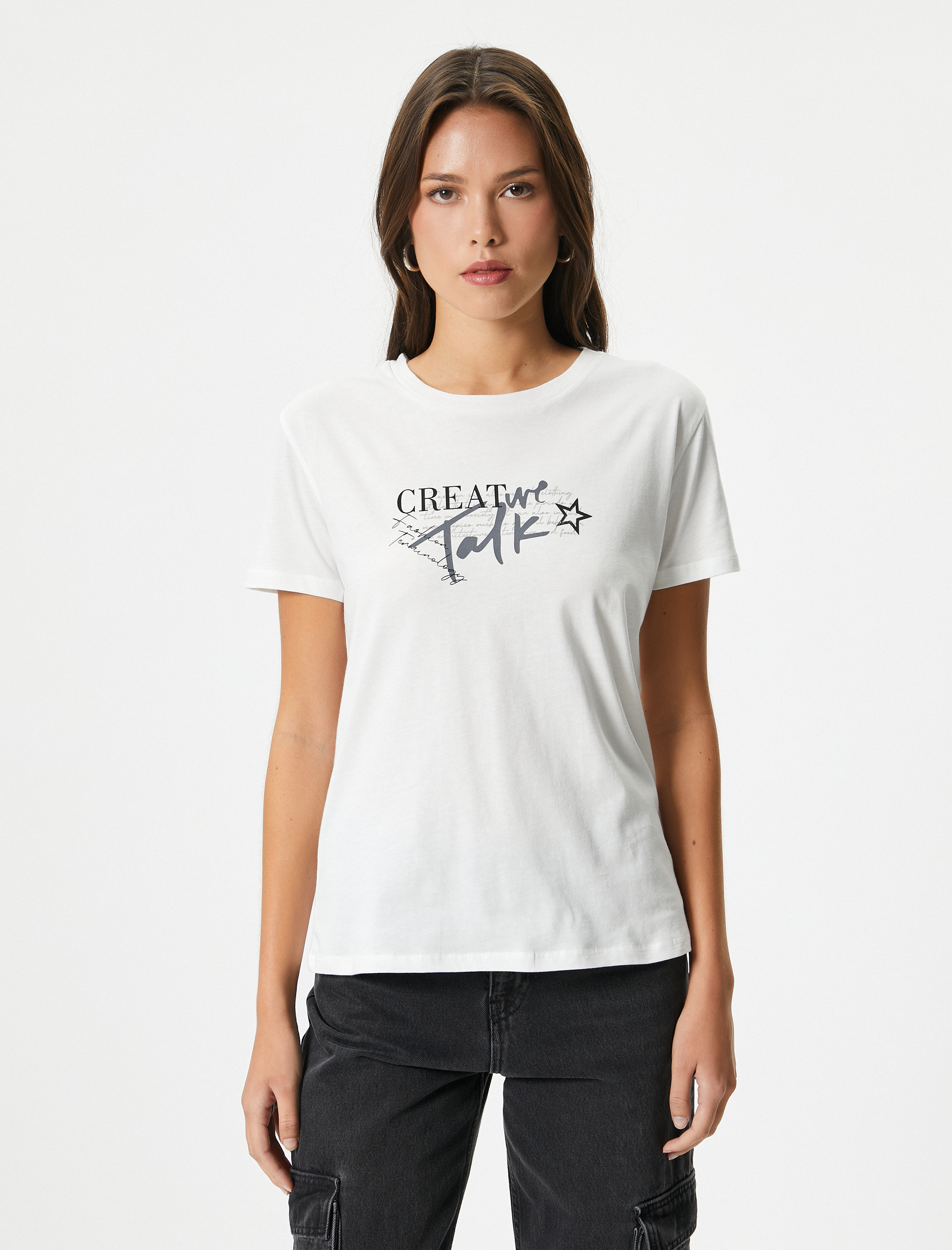   Baskılı Tişört Bisiklet Yaka Kısa Kollu Pamuklu